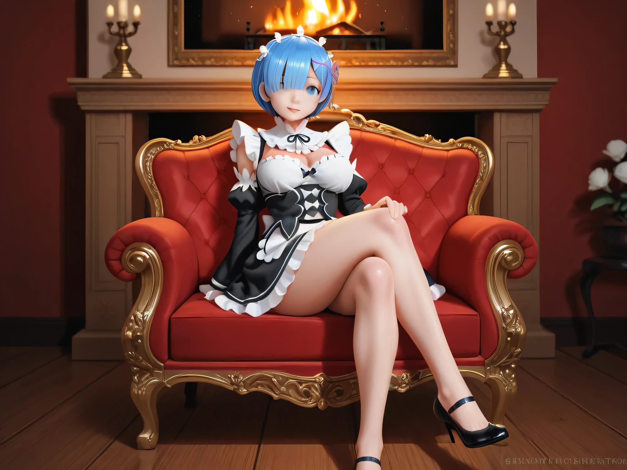 Rim and Rem from Re:Zero, ultra-detailed illustration, both seated gracefully on a luxurious velvet sofa, Rem with short blue hair and flower hairpin, Rim with soft pink hair in the same style, original maid outfits with high-detail lace and frills, large breasts, elegant posture, sensual crossed legs, tender smiles, dreamy expressions, soft ambient lighting from nearby fireplace, glowing embers and floating golden particles in the air, shadows casting on polished wooden floor, reflective eyes full of emotion, fine texture on fabric, anime fantasy high resolution, cinematic composition, 8K masterpiece, hyper-realistic details, perfect anatomy, magical atmosphere, no watermark, no deformities