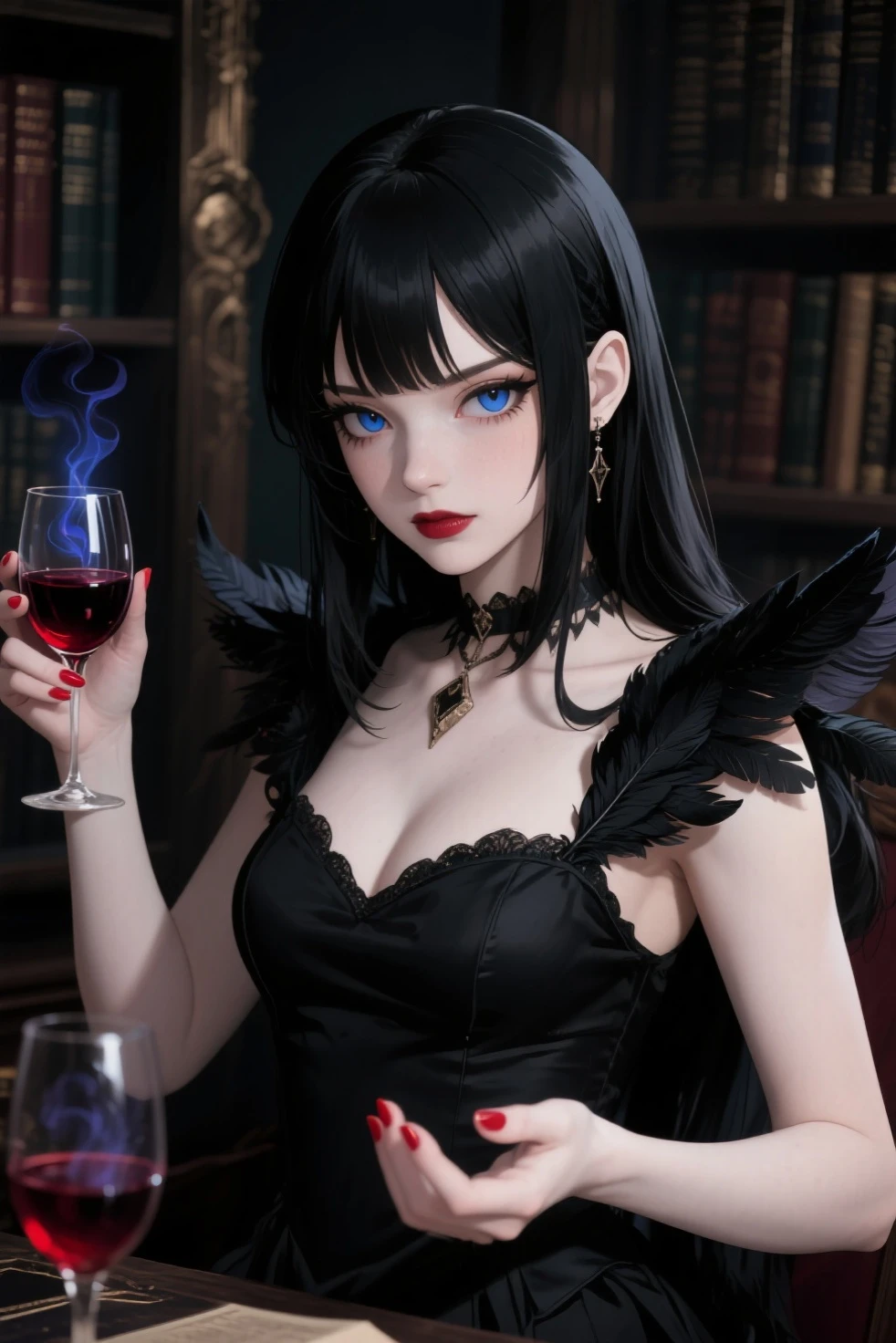 1 beautiful devil woman from hell, In the Dark: 1.6), surreal female portrait by David Hockney and Alphonse Mucha, fantasy art, korea doll, photorealism, dynamic lighting, artstation, poster, volumetric lighting, very detailed faces, 8k ultra, Awarded, in the dark, deep shadow, low key, cowboy lens, (Red phoenix dress: 1.4), long hair, black hair, bust, luxurious palace, Royal style, devil  crown, red eyes make up very sharp and detailed, The most beautiful face, big and regular breasts, Super realistic, chinese women's clothing, polo neck sweater, Charming smile, The eyes are very well made up, guweiz, devil style, loong, upper body, 2 bangs braided hair, Red lips, Devil tattoo on shoulder, wearing a thin red and black robe, the landscape is overcast and thunderous, Portrait,