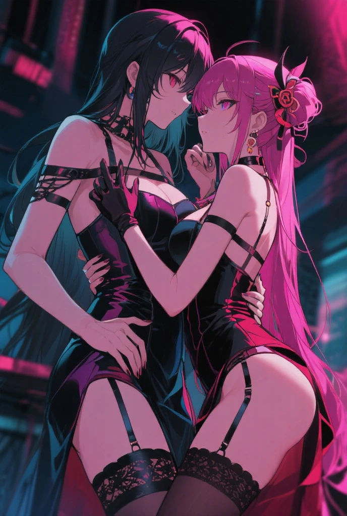 (fiche de conception de personnage, same character, Devant, side, de la), ((Extremely detailed illustration)), high resolution, des mains parfaites à cinq doigts, visage parfait . Deux filles de 25 ans, soeure jumelles, avec de gros seins et des mamelons qui pointent, vêtu d'une combinaison en latex ouverte aux parties intime, la scène la montre en train de s'écarter les fesses avec ses mains, back bent facing the audience, angle de vue multiples, corps voluptueux et musclé. NSFW❤️💕💖💋