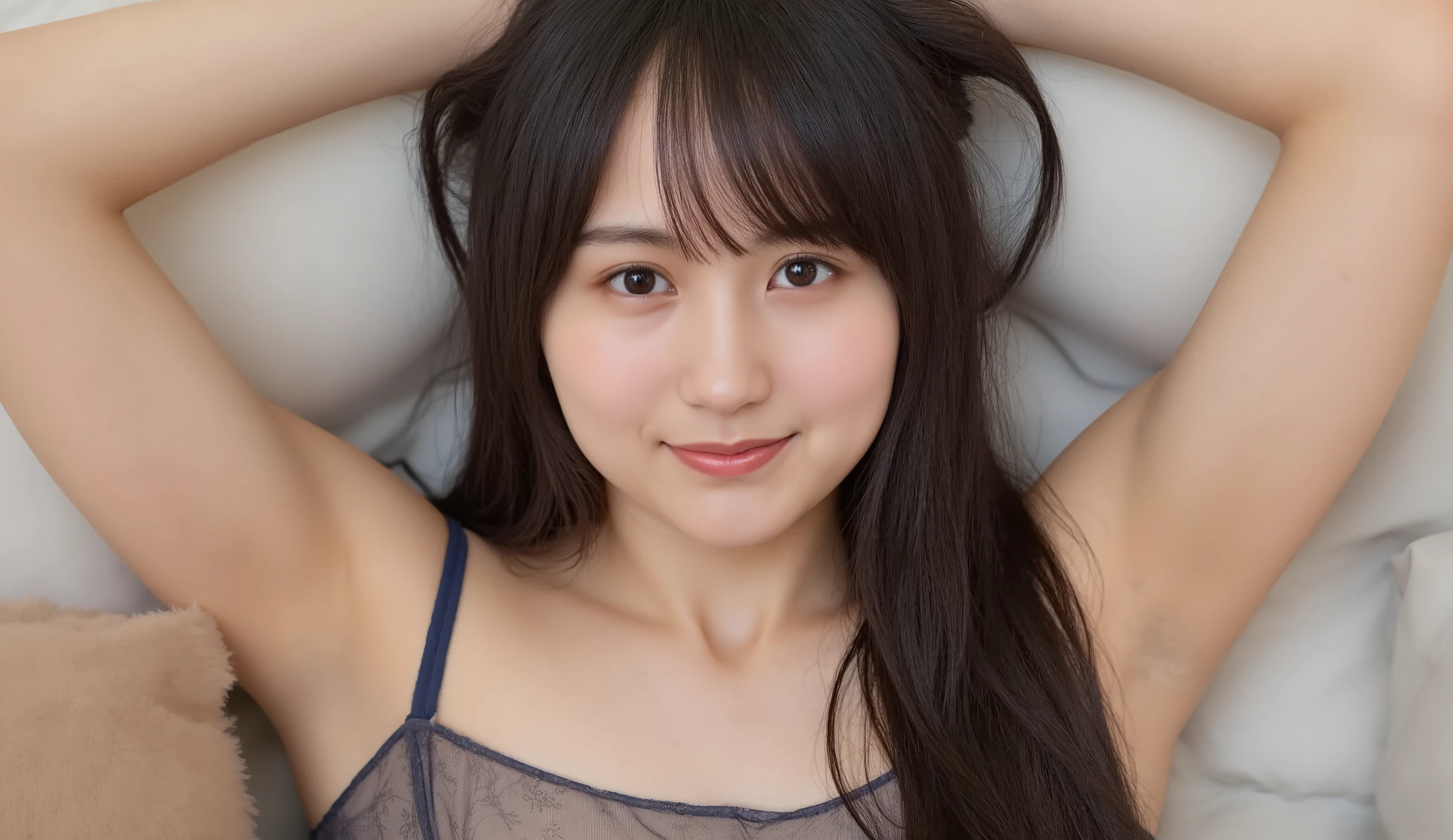1 girl on break day, solo, 解剖学的にaccurate, masterpiece, Textured Skin, open your legs 、Photograph a woman from directly above、 bending my knees with big breasts、 Very Stylish Women 、 very beautiful japanese woman 、 very cute Japanese woman、 nothing, accurate, number々awards, Highest Quality, High Detail, high quality model, super high heels , very well detailed, black hair, open the entrance slightly, sexy、fiercely、small face、 symbol body、 Thin Waist、Room Shot 、 I can see my panties 、 enchanting smiles, very large breasts、 I can see your chest、 sleeps in bed、Wear Your Translucent Babydoll 、 sexyなベビードールのランジェリーを着用して寝ています、 putting her legs out of the frame, beautiful thighs 、 taken from directly above 、 woman sleeping in bed taken from above 、holding her legs、Sleeping Woman、Women in babydoll underwear