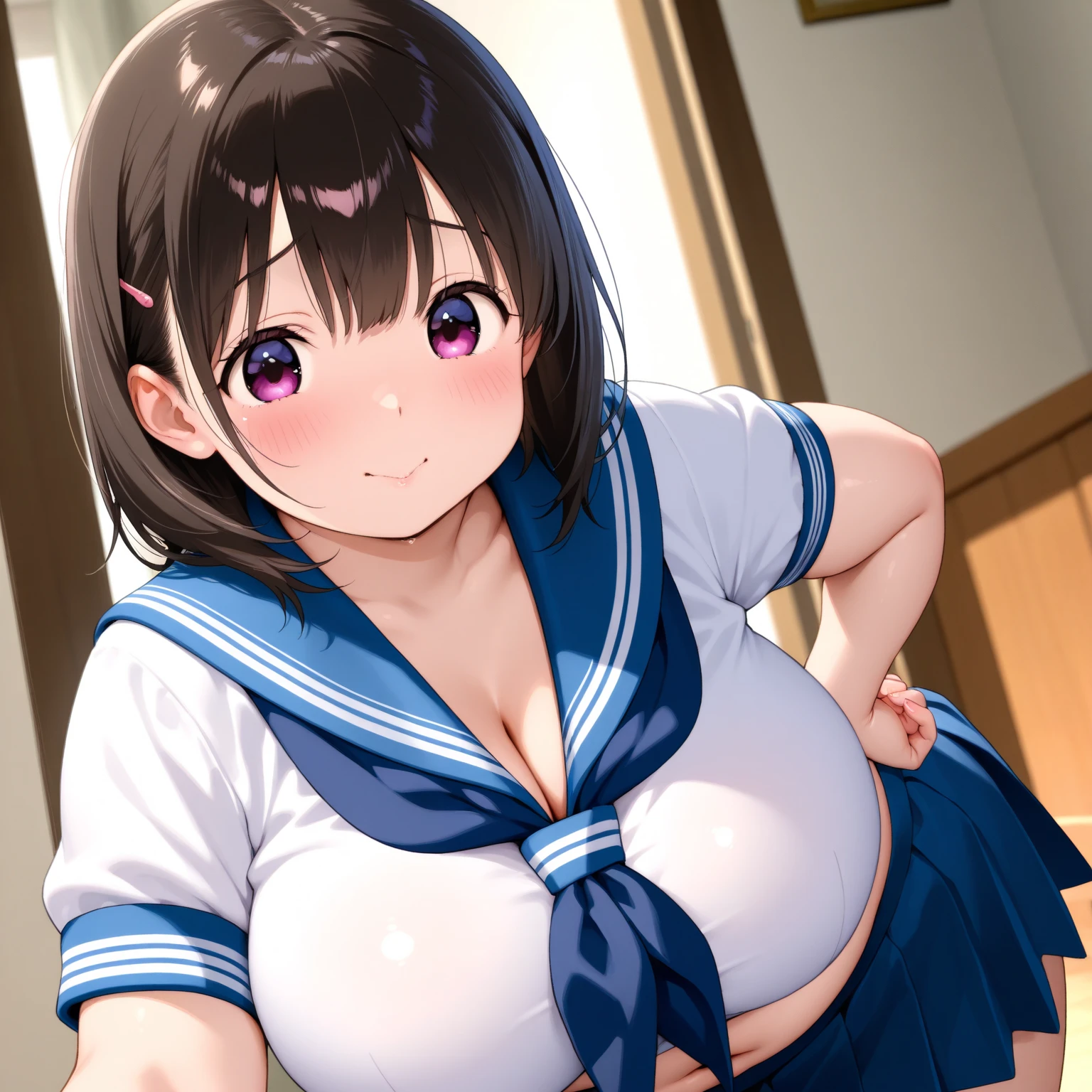 (NSFW:1.2),(masterpiece:1.2), (Highest quality),(Open your mouth)、front、 whole body, Beautiful Skin, Super fine, Highest resolution、(Sunburn:1.2)、(Black Hair:1.4)、(Short Hair:1.2)、blue eyes、(indoor)、(Squat:1.2)、Patsun Hair、(blush:1.1),(Realistic), 1 girl, Laugh with your mouth open、A scornful smile、(Navy Blue Skirt:1.1)、(Hair Clip:1.1)、(Two Side Up:1.2)、choker、(Black knee socks),(Cleavage:1.1)、Budding breasts、Rocket Boobs、Firm breasts、Heart symbol、ta、Brat、(Loli.3)、Baby Face、Young face、(White panties:1.2)、Zaako、Brat系、、(View from below:1.1)、Spread your leg-shaped legs、topless、Beautiful nipples、Delicious nipples、Shiny nipples、Rocket