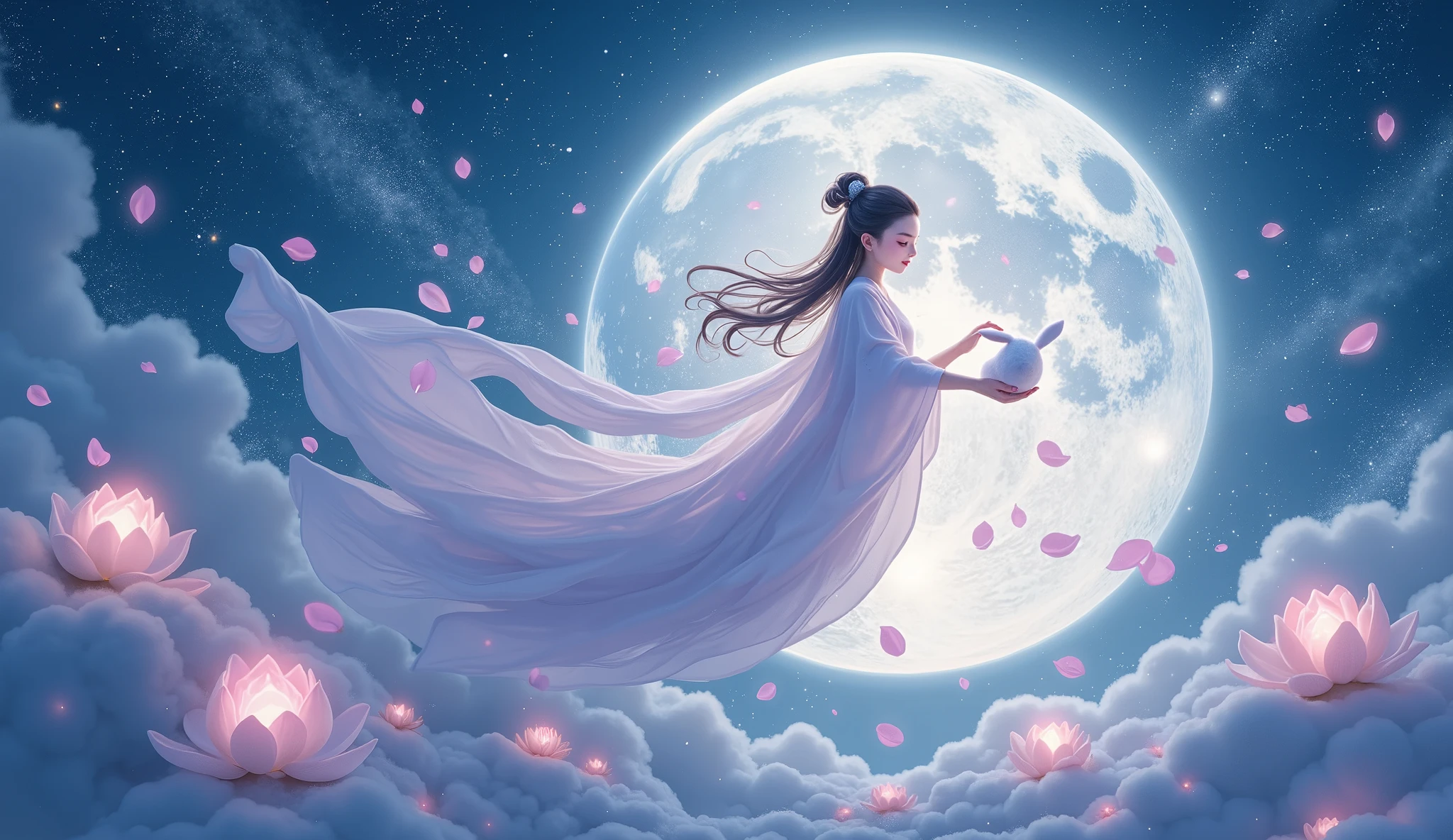Divine scene of Chang'e, the Chinese moon goddess, drifting elegantly above a glowing moon surface, holding a luminous elixir in one hand and caressing her celestial rabbit with the other, surrounded by floating lotus petals and ancient moon temples under a cosmic sky teeming with swirling nebulae and drifting stardust, soft rim lighting accentuates her flowing silk robes, divine glow and bioluminescent ambiance envelop the scene, ethereal fantasy meets magical realism in a Makoto Shinkai and Yue Minjun-inspired digital painting, soft blues and radiant silver with highlights of lavender and stardust gold, (masterpiece:1.3), (fantasy:1.3), (celestial:1.2), trending on ArtStation, ultra-detailed, beautifully composed, 8K HDR cinematic concept art