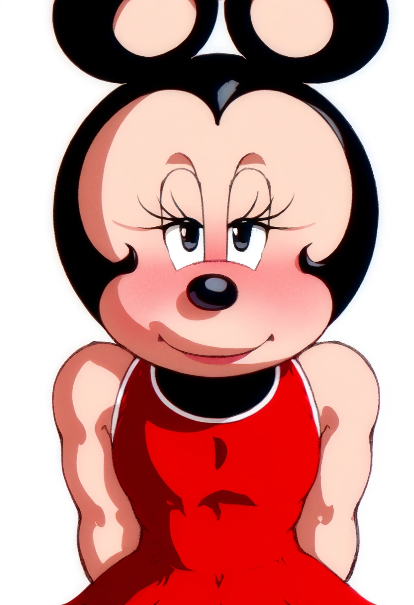 Furry, Mickey Mouse, shortstack, short stature, slightly blushed, cartoon, white gloves, red shorts, naked chest, yellow shoes, black body, close up on face, human hand on cheek, cheek caressing, black body, no nipples