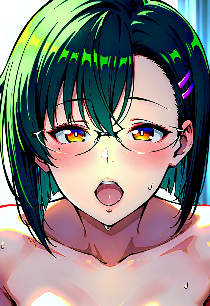 nsfw, (masterpiece), (photo realistic1.4), ultra high res, best quality, 8k,(cowboy shot,from the front),,BREAK solo, BREAK solo, 1girl, 24yo, an extremely beautiful girl, beautiful face, perfect face, cute symmetrical eyes, double eyelid, medium breasts, puffy_nipples, (perky breasts), narrow waist,slender, (pubic dark green hair:1.5), bsp, pussy juice dripping, ((short hair, dark green hair)), no makeup, sweaty body, sitting, BREAK (green idol dress), (open clothes), breasts, nipples, nipple slip, pussy, pussy slip, no panties,(embarrassed,smile), open mouths,((tongue out)),deep breathing, feel good,public indecency,look up away from viewer,(((multiple boys, peeing on a girl,multiple penises, gangbang))),((ecstasy torogao, saliva trail, nose blush,one eye closed,out tongue)),cleavage of the breast,happy,((smile:1.9),((cum on body:1.9)),((cum on face:1.9)),((cum on hair:1.9)),(Bukkake, cum in mouths:1.3),(cum on glasses:1.3),hands up,vulgarity,(female masturbation:1.9))),(Mess with yourself), (cum shot), (concert stage:1.3,Spotlight:1.3),