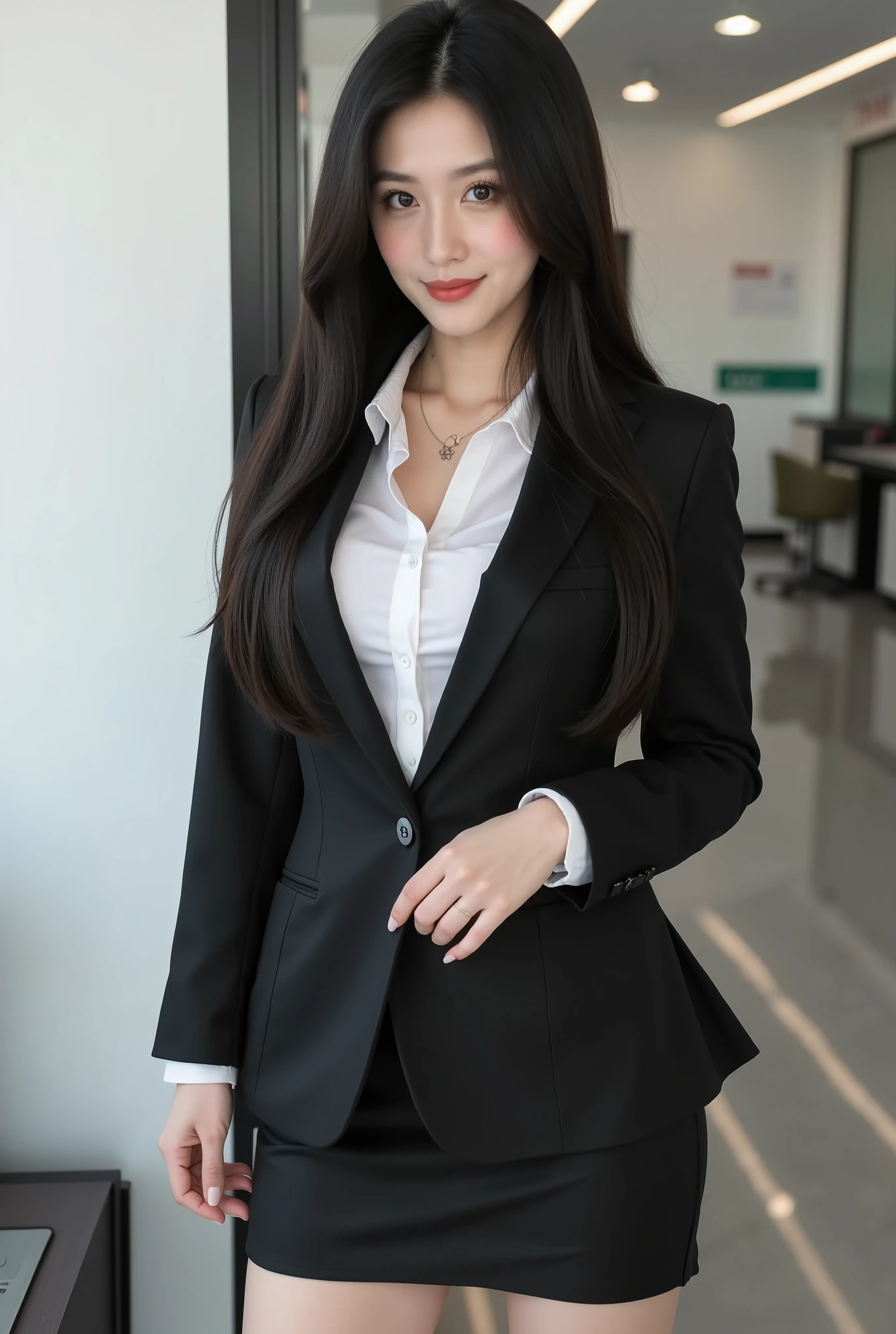 (Best quality, masterpiece, detailed), (RAW, 4k, hd images), 1 girl, 17 years old, white skin, long hair, ponytail, layers hair, bangs, black hair, beautiful girl, cute girl, sweet girl, pretty girl, perfect girl, perfect body, pretty eyes, blue eyes, thin lips, (eye line, lip soft), perfect round breast, glasses(detailed frame), simple background, smile, thigh, legs, long legs, formal blazer, black formal skirt, full body, standing on the middle camera, formal pose, cleavage, hair buns