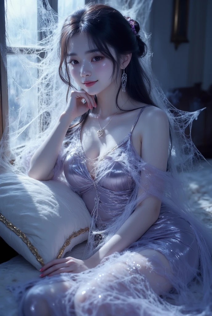 A girl sits on the sofa in front of the French window at night,Purple Sexy Silk Pajamas,blonde,See the beautiful face clearly,Full breasts,straight