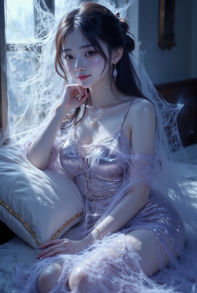 Black hair, Gradient hair, There are precious stones on the forehead, rimless eyewears, mouth veil, Sparkling pupils,long eyelasher, One eye closed, grin, hyper photorealism, Cinematic lighting, projected inset, surrealism, hyper HD, Masterpiece, 16k,Lie down in bed,In a dream,Wear transparent silk pajamas,twincest,Entangled,Fantasy space,Luxurious space
