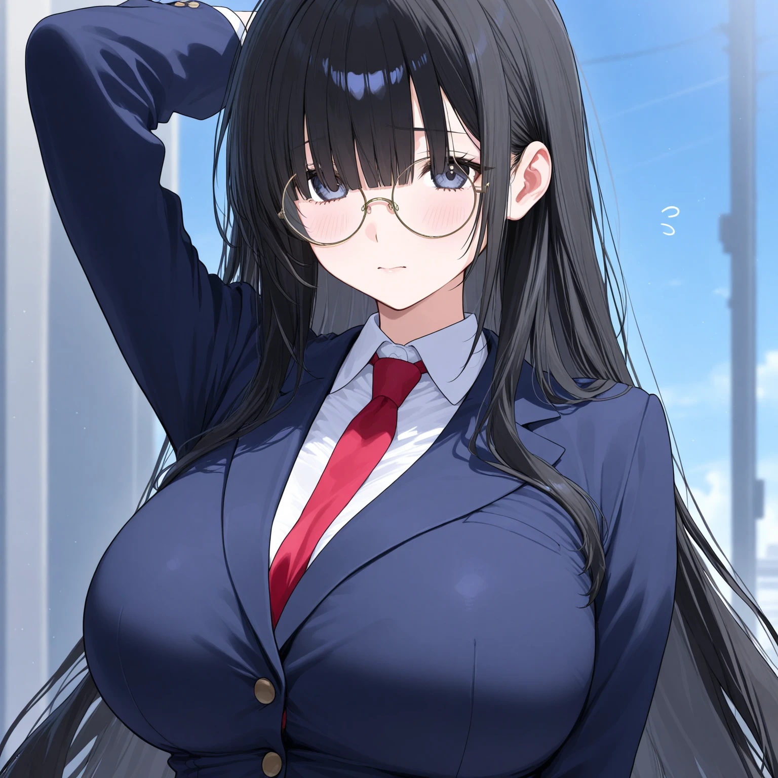 1girl, ((school uniform)), mature female, tall female, dark blue hair, black hair, long hair, wavy mouth, blue eyes, shy, timid, huge breasts, thick thighs, pantyhose, arms behind back, white skirt, skirt, red necktie, necktie, black jacket, pleated skirt, red glasses, glasses, ((black jacket)), jacket