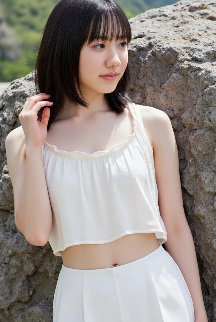 A cute girl, perfect face, beautifull 14 years old girl,14 years old girl, skinny body, slim body, white skin, dress, cute lips, small and cutest lips, at night, bangs hair style, open top, small skirt, wearing a ears rings, little smlie, night time,masterpiece, textured skin, super detail, high details, high quality, 8k ((highest quality、10、master-piece:1.3))、crisp focus:1.2、Beautiful girl in perfect style:1.4:1.2、((dark-brown hair、Colossal:1.2))、(Soft natural light、The Woods:1.1)、Highly detailed facial and skin texture、Fine Eyes、double eyelid.、Looks fun
