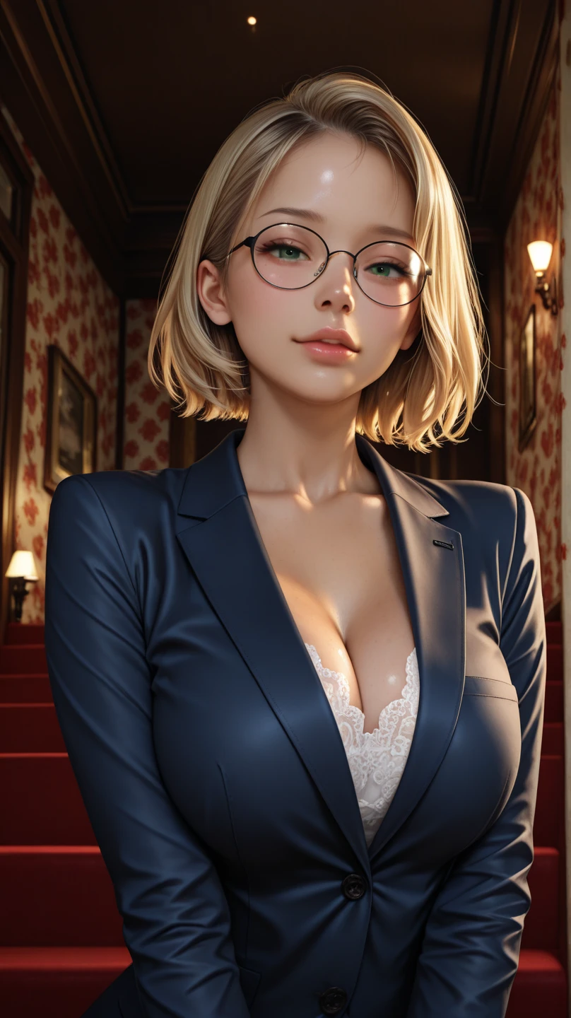 Girl with blonde hair and blue eyes, beautiful, underwear bite, sexy pose, lower body slender, back figure, gaze is window side, hair is short bob Woman, tall, wearing a businesswoman's uniform, upper body black bra, jacket front opening, carrier woman, underwear bite, sexy pose, lower body slender, behind the woman there is a window showing various buildings in the city (absurdity, high resolution, super detailed),