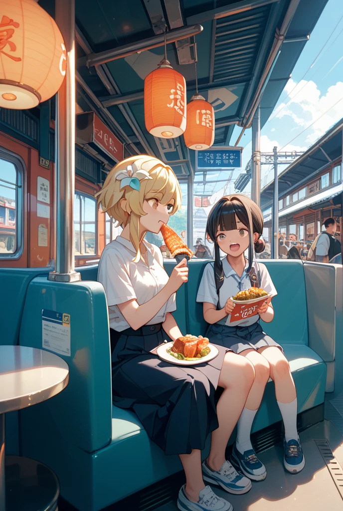 Eating breakfast at a table on the train POP smile pastel colour Enjoy the scenery outside through the large windows