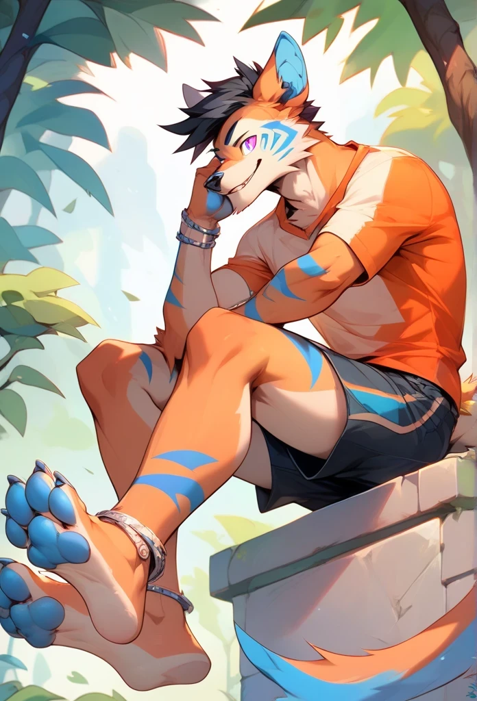 eyes, anthropomorphic, zorro, orange body, Blue stripes , blue pads , strong , a boy, Alone , high resolution, ultra realista, silver bracelets , silver anklets, blue fingers, , Sitting, black hair, shorts, shirt, legs stretched out towards the spectator, soles, hypnotic legs , tries to hypnotize viewer with soles of paws, forest