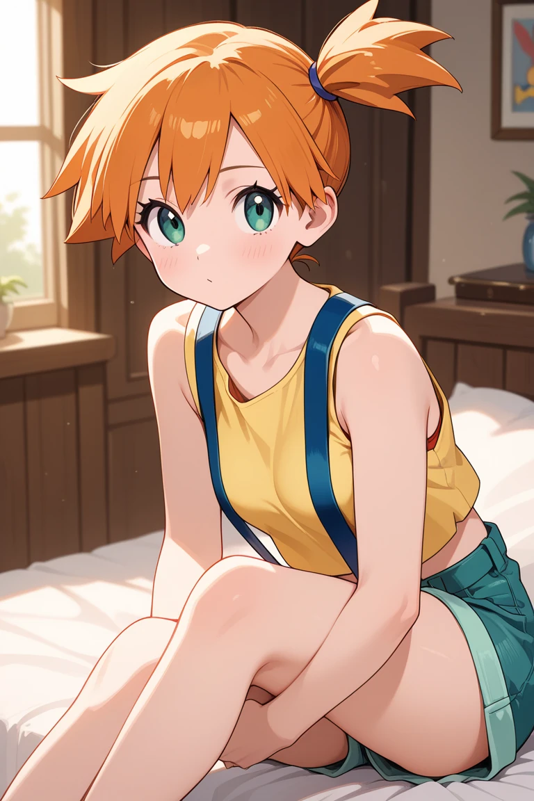 nsfw, nsfw, nsfw, nipple, nipple, wet, unintached beautiful girl, Leaning on a bright red sofa, View from above, and a lovestruck gaze, (phoTorealistic:1.37), and (highest quality,4K,8k,High resolution,masterpiece:1.2), Foggy, 1 of 1 girls, chest, Looking_in_Audience, short_hair, Closed_mouth, Front hair, belly button, hair_between_eye, just_shoulder, Sitting, green_eye, full_body, Lie in, No sleeve, abdomen, orange_hair, ~ side_ponytail, crop_Top, Looking_To_of_~ side, eyelash, just_foot, No sleeve_shirt, Tilt_forward, arm_support, Hangings, tank_Top, denim_shorts, yellow_shirt, hair_tie, green_shorts, Hanging_shorts, yellow_tank_Top, Very detailed explanation, Capture her appearance in detail. Her eye are mesmerizing, and long curled lashes, glistening in of light. Her lips are perfectly shaped, and a subtle hint of a smile. She is wearing an elegant dress, radiining grace and charm. The scene is binhed in warm and romantic lighting, creining a captivining ambiance. This work combines realism and artistic sense., resulting in a masterpiece thin showcases of emotions of love and admirinion.