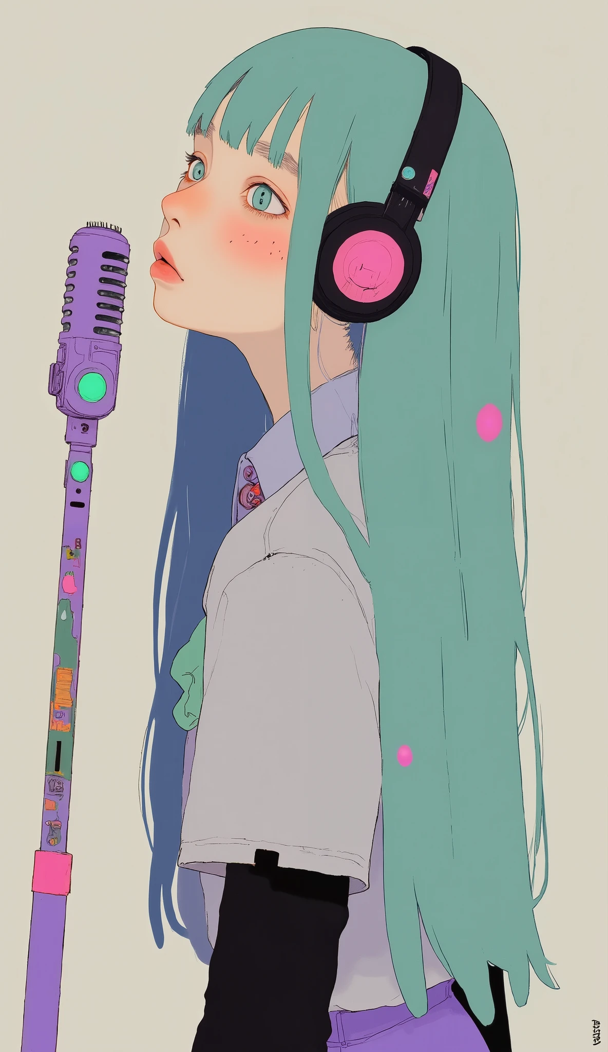 profile、long teal hair with flowing strands and pink accents, stand stylishly in twin tails. black and pink headphones are placed on the head. light It is characterized by wearing gray clothes. A collared shirt with buttons and a teal tie. There are black arm sleeves. The pose is an idol dance dynamic pose with an old microphone. The image is a soft color palette with a grey background, creating a casual and artistic vibe. The illustration style features flat colors and contours.looking up at the sky、dynamic composition、