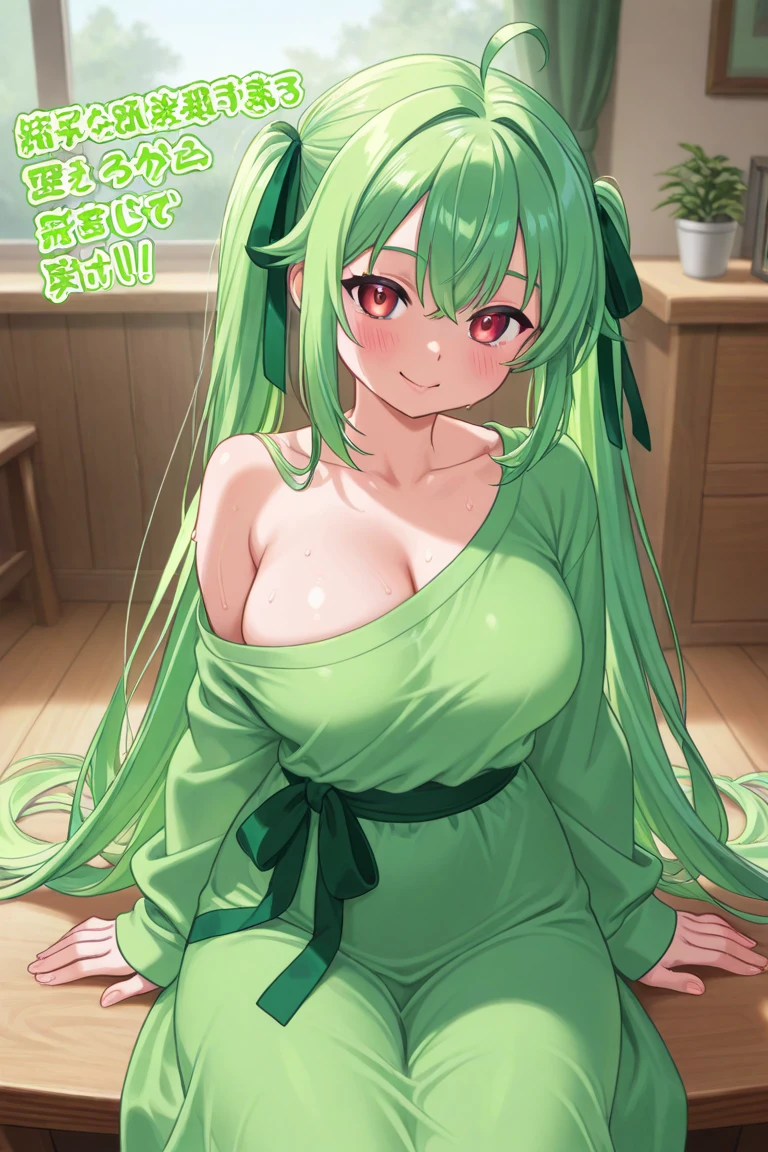 Anime girl, blue eyes, green long hair, muy voluptuosa, teen, big breast, shy smile, wallpaper, cute red dress, strap, breasts bounce, house