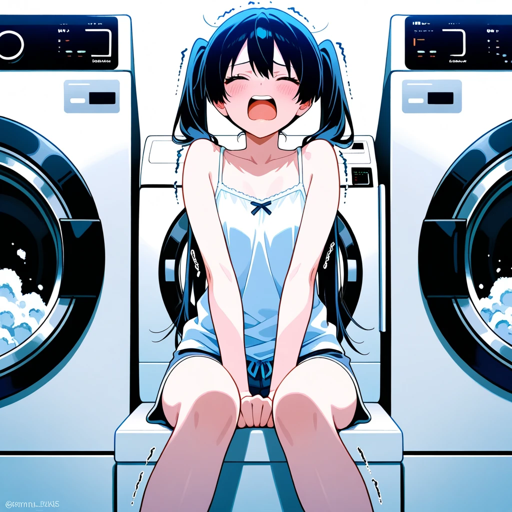 sajouayaka, black hair, short hair, Blue eyes , large breasts, , , empty eyes , large breasts, nipple, , Peeing, lactation, projectile lactation, Electrical appliance shop, frozen, Wet, crying ,, Naked, , (1girl) ,独奏