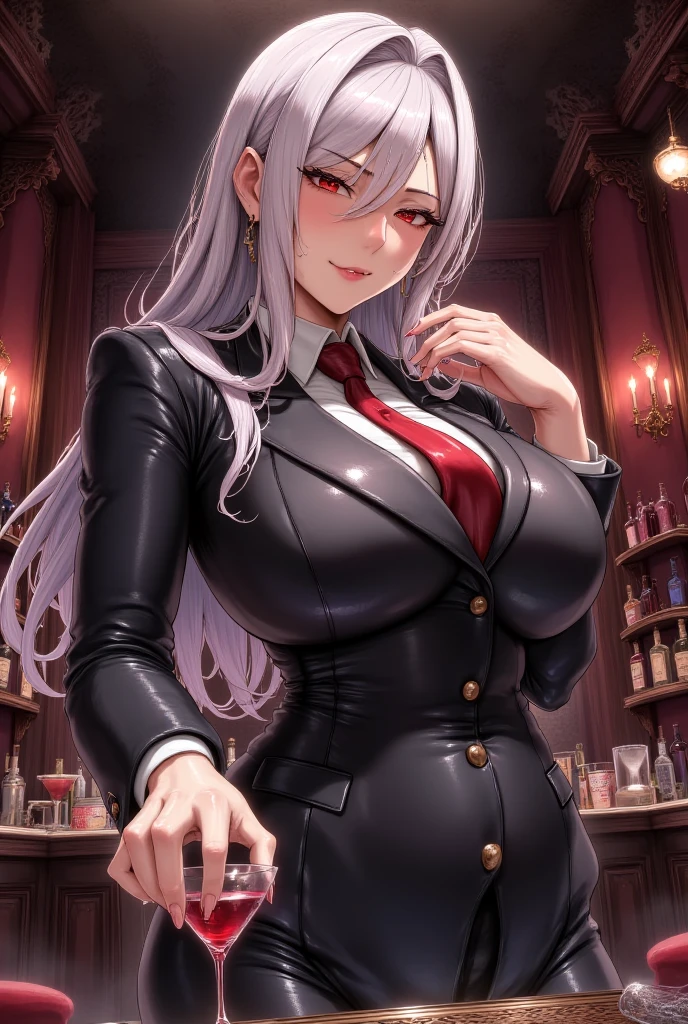 (best quality,highres)(business jacket:1.4),(a girl:1.5),elegant photo of a girl in a suit jacket, red lips, lipstick, (perfect eyes:1.4), (white shirt:1.5), silver hair, purple eyes, slight smile, joyful, highly detailed skin, stunning face, long eyelashes, black eyeliner, masterpiece, black belt:1.2, white shirt, teardrop earrings, business attire:1.2), full body