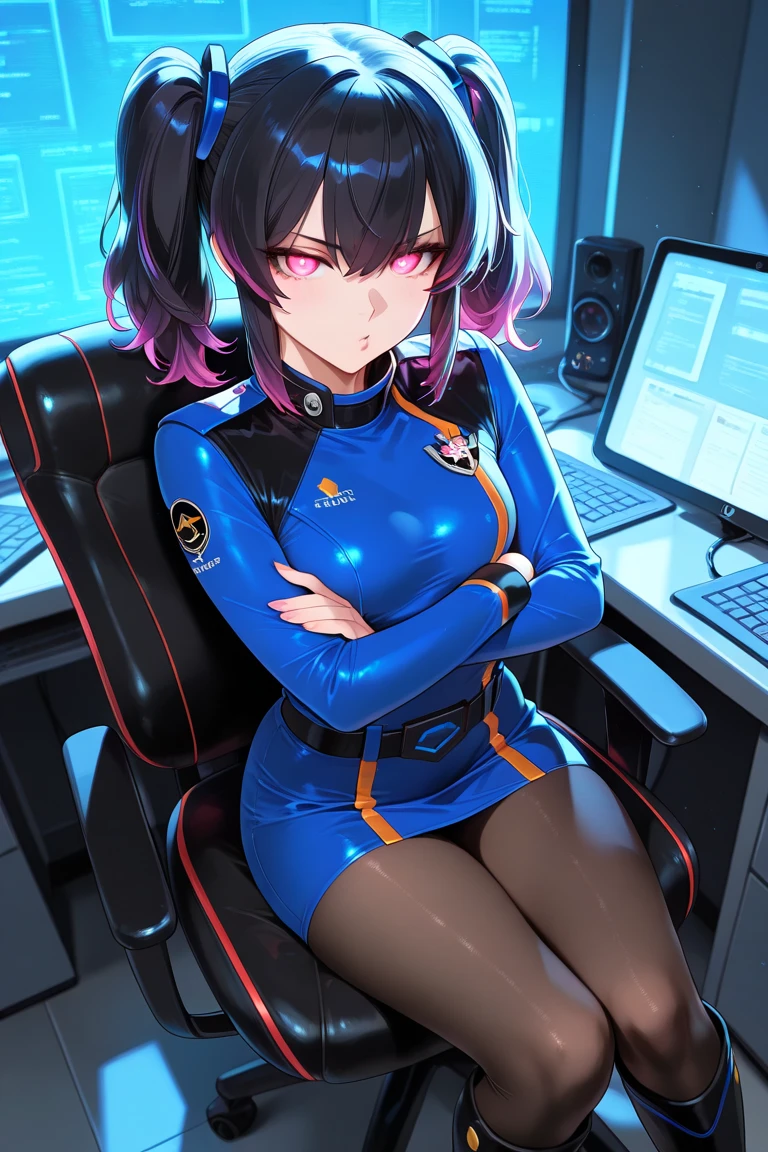 25 year old woman, best quality, super fine, 16k, incredibly absurdres, extremely detailed, delicate and dynamic, (purple eyes), (ponytail with gradient from white to purple at the ends), background analyzer room lab, various image effects, bodysuit, soldier, medium breasts, sitting, gamer chair