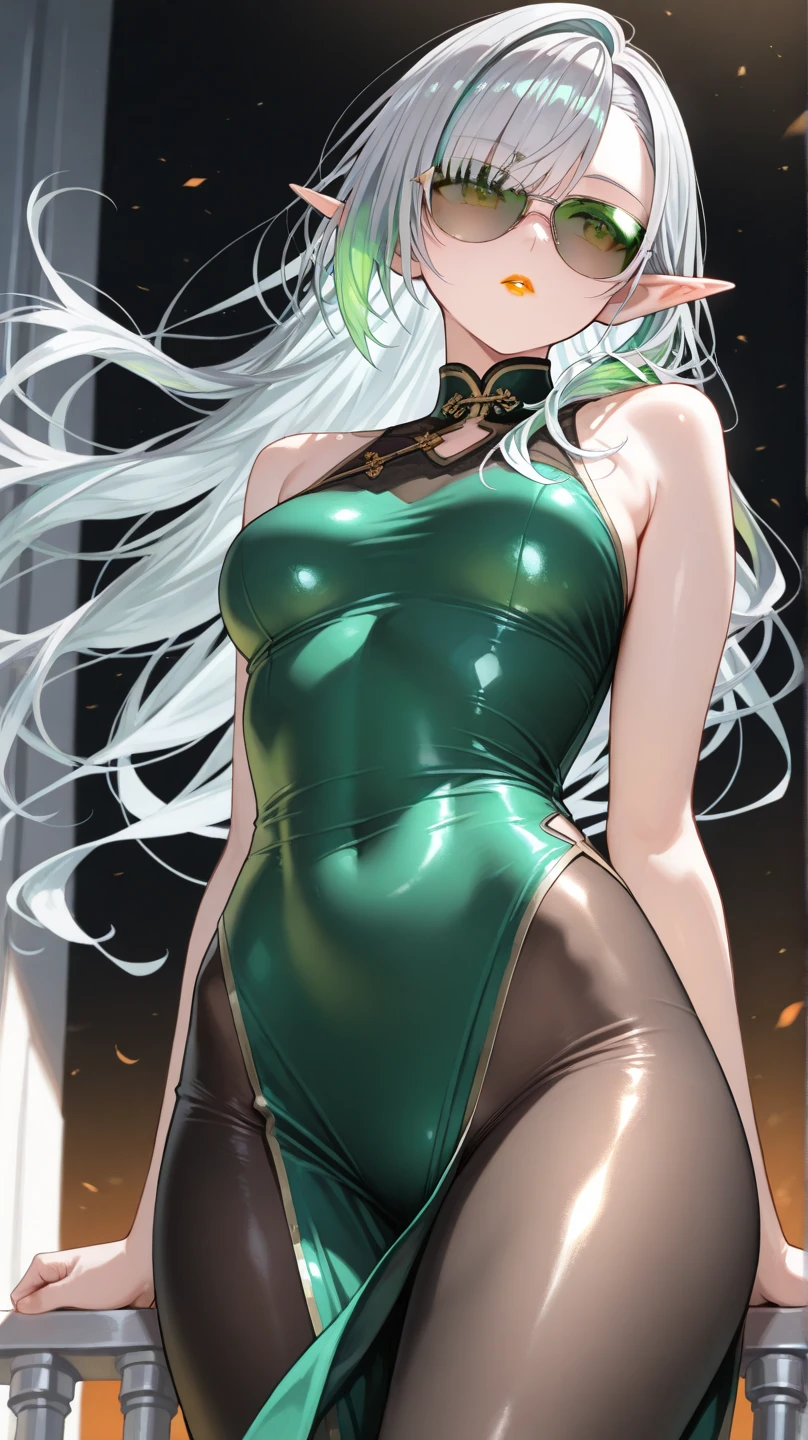 a one woman, Fox ears, Foxtail, Silver hair, Green eyes, big breasts, Leather, Transparent, pantyhouse, leather dress, Bodysuit, Mature Lady, A tall man, wide hips, big ass, Sexy, Mature,