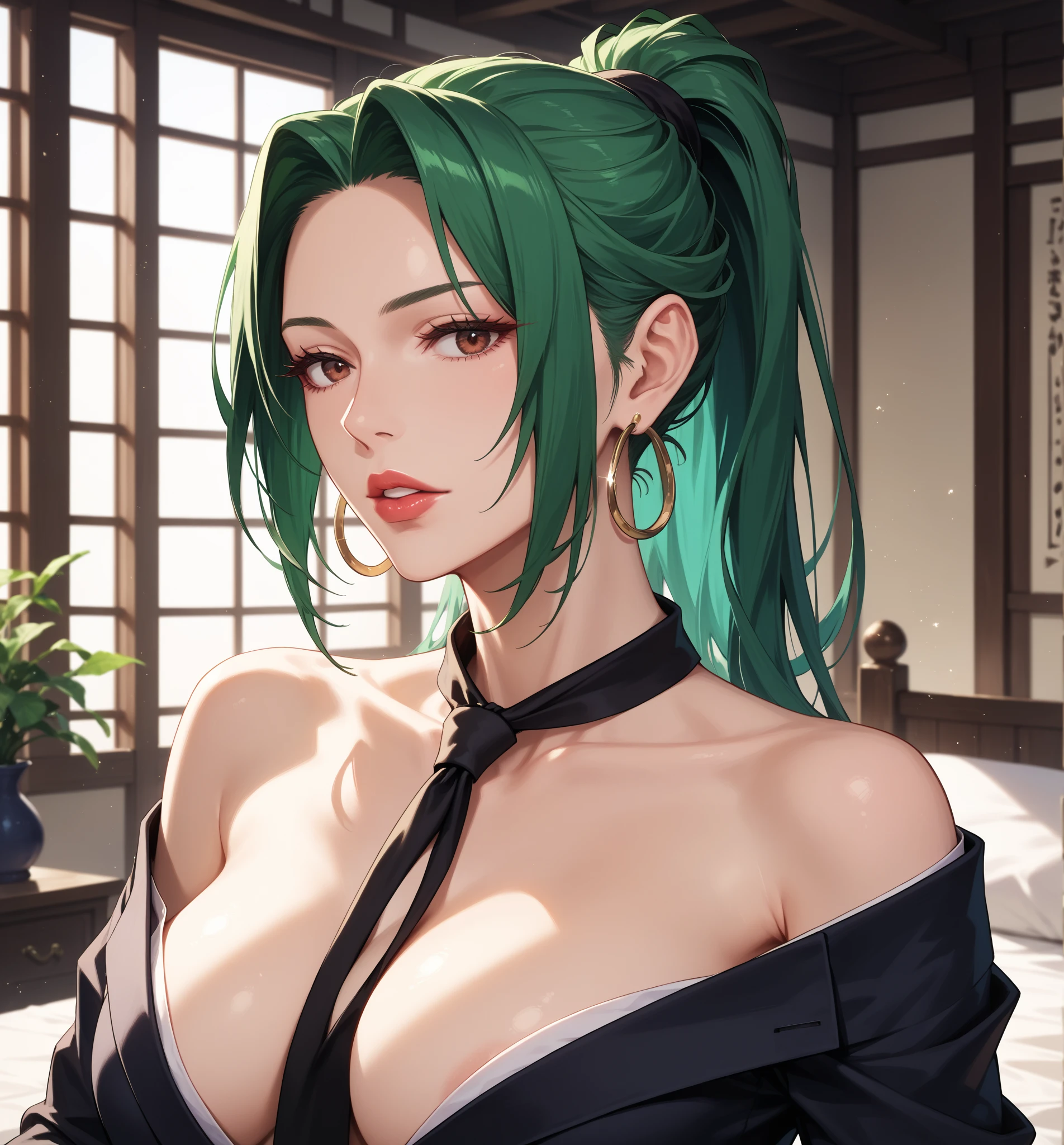 masterpiece, best quality, very aesthetic, absurdres, 1girl, mature_lady,,serious,Turquoise hairhair bell,Hotel Front Desk Attire,Balinese / Traditional Balinese (Bali, Indonesia),floating_hair
