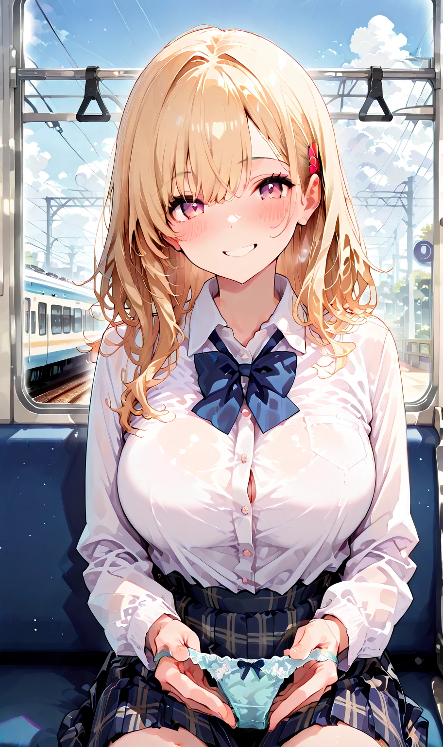 NSFW,((highest quality)), ((masterpiece)), high school girl、Hayasaka Ai、Gal、Blonde、crowded train、((hot))、White shirt、Red ribbon、Black short skirt、(Spread your legs)、(((Love juice)))、(((Squirting)))、(((Sweat)))、(((Body odor)))、((((Masturbation))))、smile