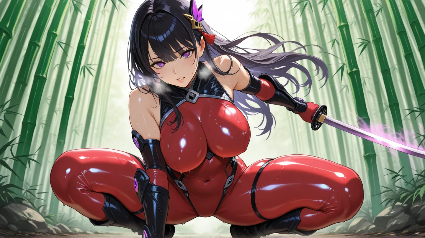NSFW compatible,4K, (masterpiece), Highest quality,  2D, ((Browsing Caution),High leg bondage suit,Eloy Pose,pubic hair,Big Breasts,Big Breasts輪,Dick,