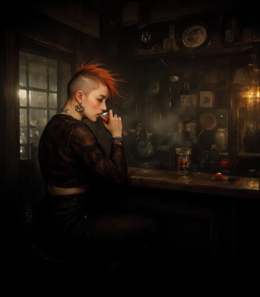 Depiction of a young waitress with pink hair, white shirt and black skirt, abstract work with contrasting colored brushes on the background, with influence of jeremy mann, style of jeremy mann, jeremy mann art, in a bar, jeremy mann painting, jeremy mann, at a bar, drawn in a neo - noir style, by Ludwik Konarzewski, ashley wood illustration