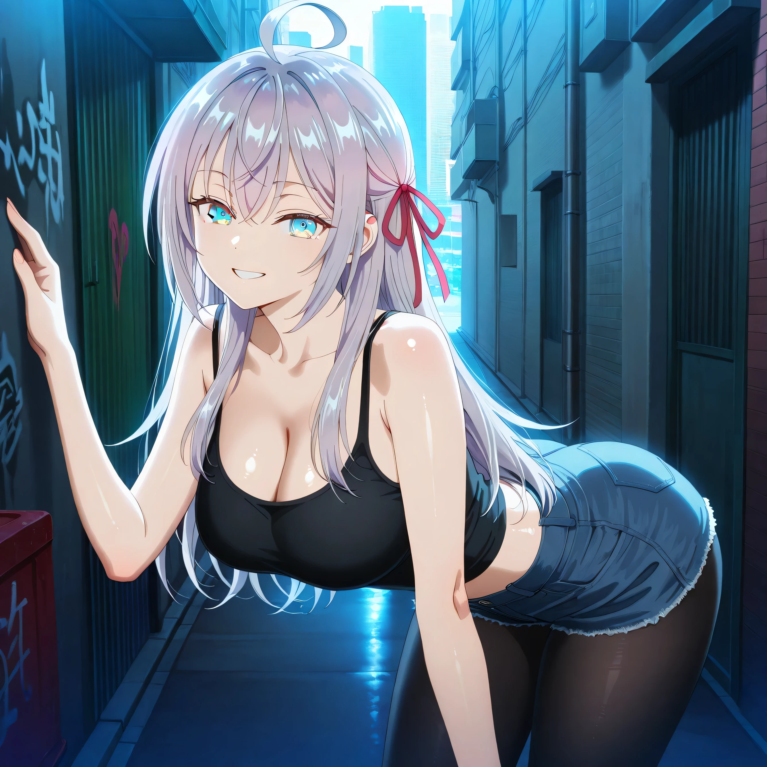 (Highest quality), (High resolution), (masterpiece), (Super detailed), Silver Hair, Long Hair, Blue and purple eyes, Blue Archive Art Style, One girl, Silky skin, Shiny skin, An athletic body, blush, Heavy breathing, chest, (Open clothes, Black long coat, White shirt, Black tie, Black trousers), Front view, (Bright saturation), Sexual pose, Lean back, Dripping love juice, Heart Pupil, Expression of pleasure, Trembling with sexual climax, Heavy breathing, In the city