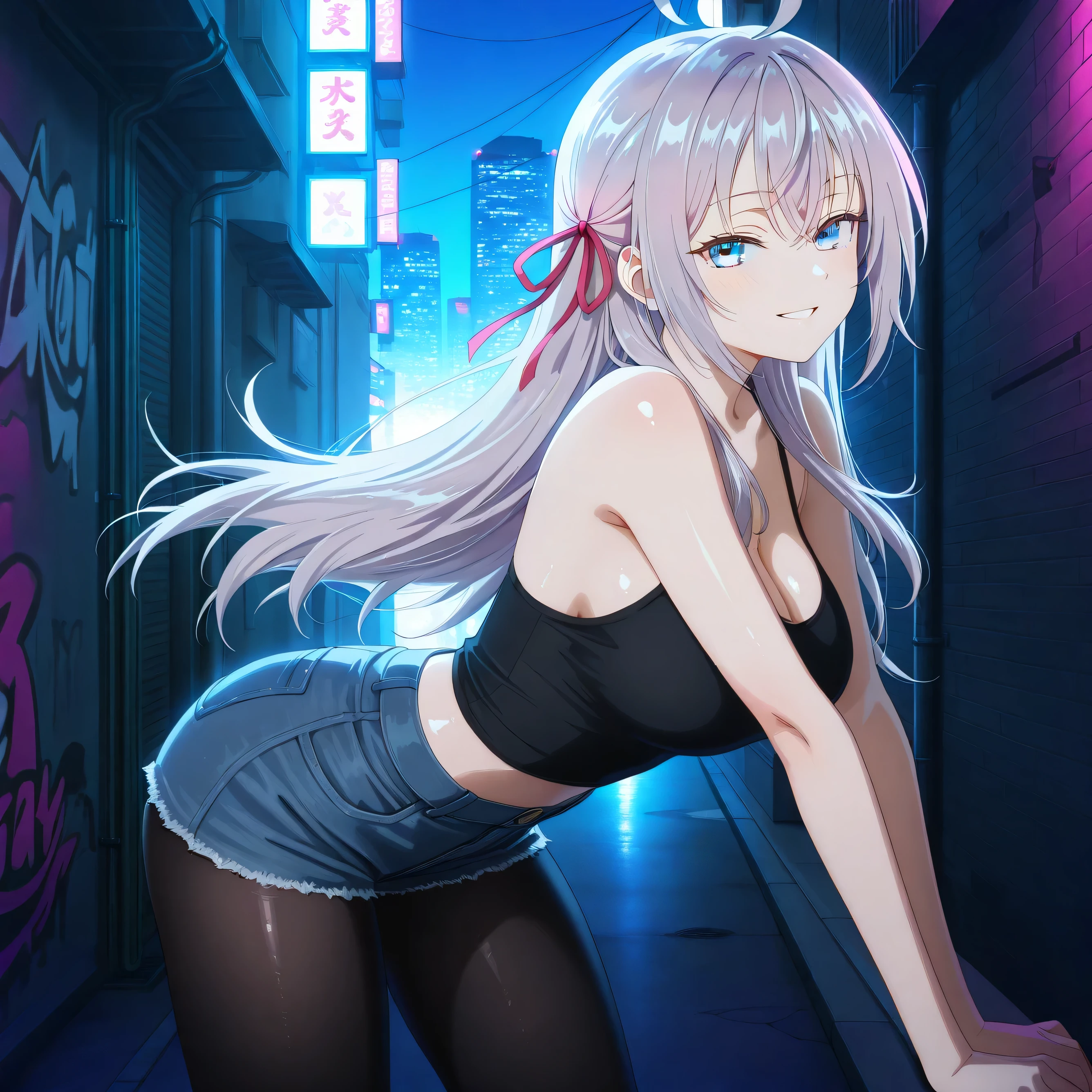 masterpiece 4k, best quality, girl, beautiful face, clean skin, shiny hair, shiny skin, beautiful face, perfect eyes, high quality shine, best quality, very aesthetic 4k, absurd, perfect body quality, beautiful curves, perfect, perfect genitals, beautiful ambient light, beautiful aesthetics, very realistic scenery, high quality 4k, masterpiece,best quality,absurdres,newest,highres, official art, 1girl alisa mikhailovna kujou, long hair, bangs, blue eyes, hair ribbon, ahoge, grey hair, red ribbon, large breasts, cleavage, pantyhose, pleated skirt, black pantyhose, short jean shorts, short black top, in the city of tokyo in an alley with a lot of dark graffiti, luiz shadow realistic beautiful realistic scenery, in the city of tokyo in an alley with a lot of dark graffiti, luiz shadow realistic beautiful realistic scenery, in a bent position showing big ass, big eyes with a smile