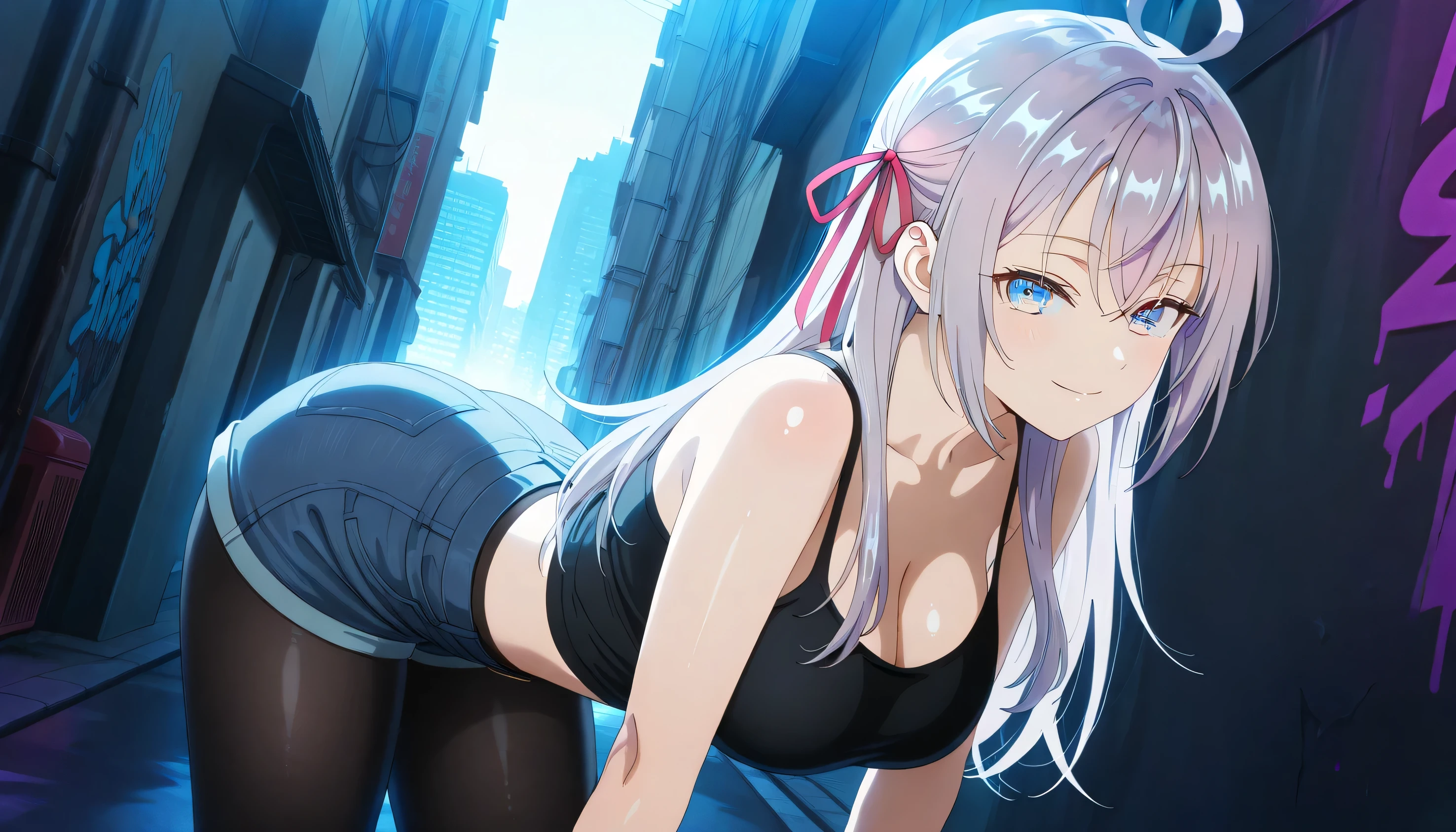masterpiece 4k, best quality, girl, beautiful face, clean skin, shiny hair, shiny skin, beautiful face, perfect eyes, high quality shine, best quality, very aesthetic 4k, absurd, perfect body quality, beautiful curves, perfect, perfect genitals, beautiful ambient light, beautiful aesthetics, very realistic scenery, high quality 4k, masterpiece,best quality,absurdres,newest,highres, official art, 1girl alisa mikhailovna kujou, long hair, bangs, blue eyes, hair ribbon, ahoge, grey hair, red ribbon, large breasts, cleavage, pantyhose, pleated skirt, black pantyhose, short jean shorts, short black top, in the city of tokyo in an alley with a lot of dark graffiti, luiz shadow realistic beautiful realistic scenery, in the city of tokyo in an alley with a lot of dark graffiti, luiz shadow realistic beautiful realistic scenery, in a bent position showing big ass, big eyes with a smile