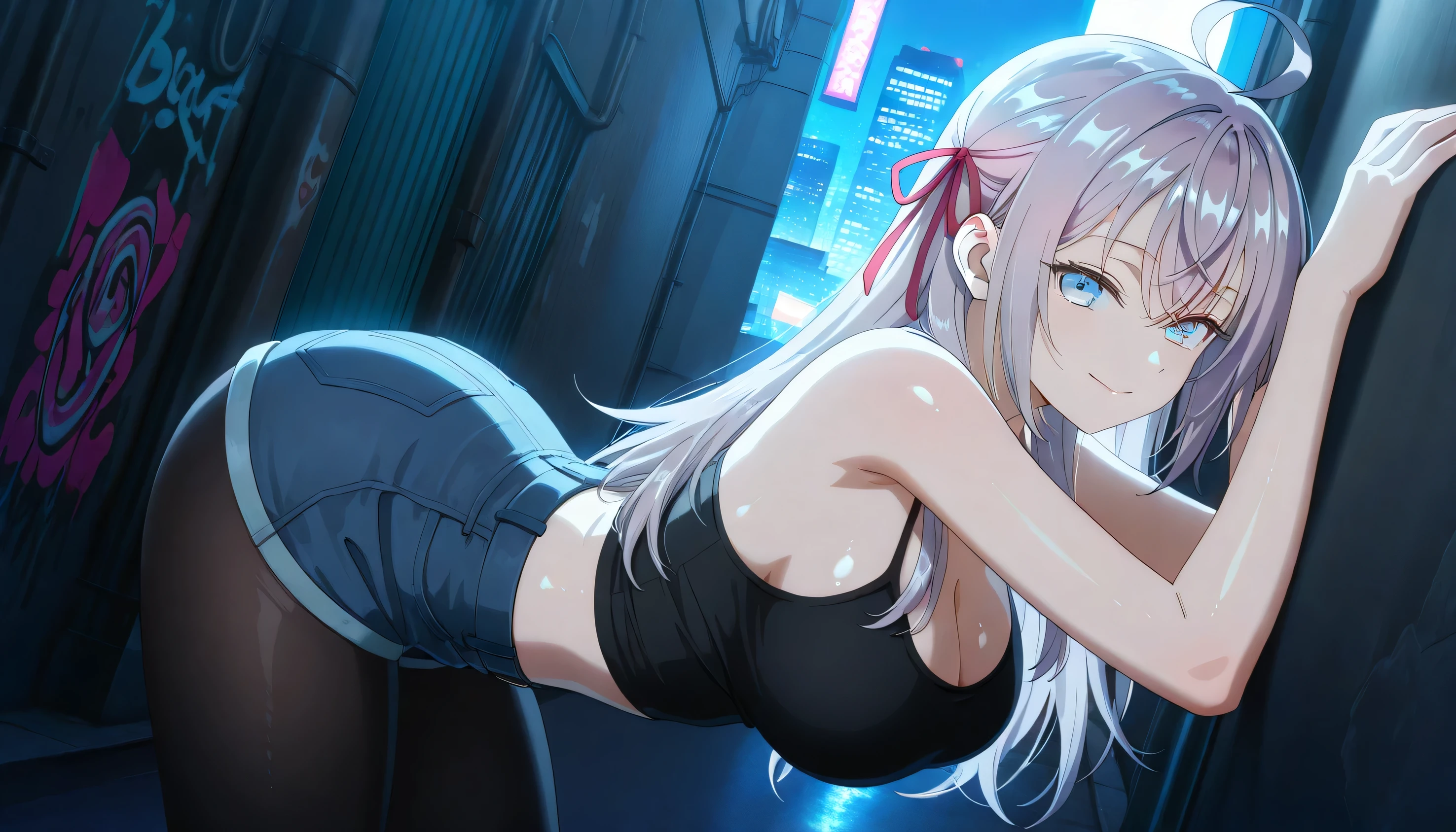 masterpiece 4k, best quality, girl, beautiful face, clean skin, shiny hair, shiny skin, beautiful face, perfect eyes, high quality shine, best quality, very aesthetic 4k, absurd, perfect body quality, beautiful curves, perfect, perfect genitals, beautiful ambient light, beautiful aesthetics, very realistic scenery, high quality 4k, masterpiece,best quality,absurdres,newest,highres, official art, 1girl alisa mikhailovna kujou, long hair, bangs, blue eyes, hair ribbon, ahoge, grey hair, red ribbon, large breasts, cleavage, pantyhose, pleated skirt, black pantyhose, short jean shorts, short black top, in the city of tokyo in an alley with a lot of dark graffiti, luiz shadow realistic beautiful realistic scenery, in the city of tokyo in an alley with a lot of dark graffiti, luiz shadow realistic beautiful realistic scenery, in a bent position showing big ass, big eyes with a smile