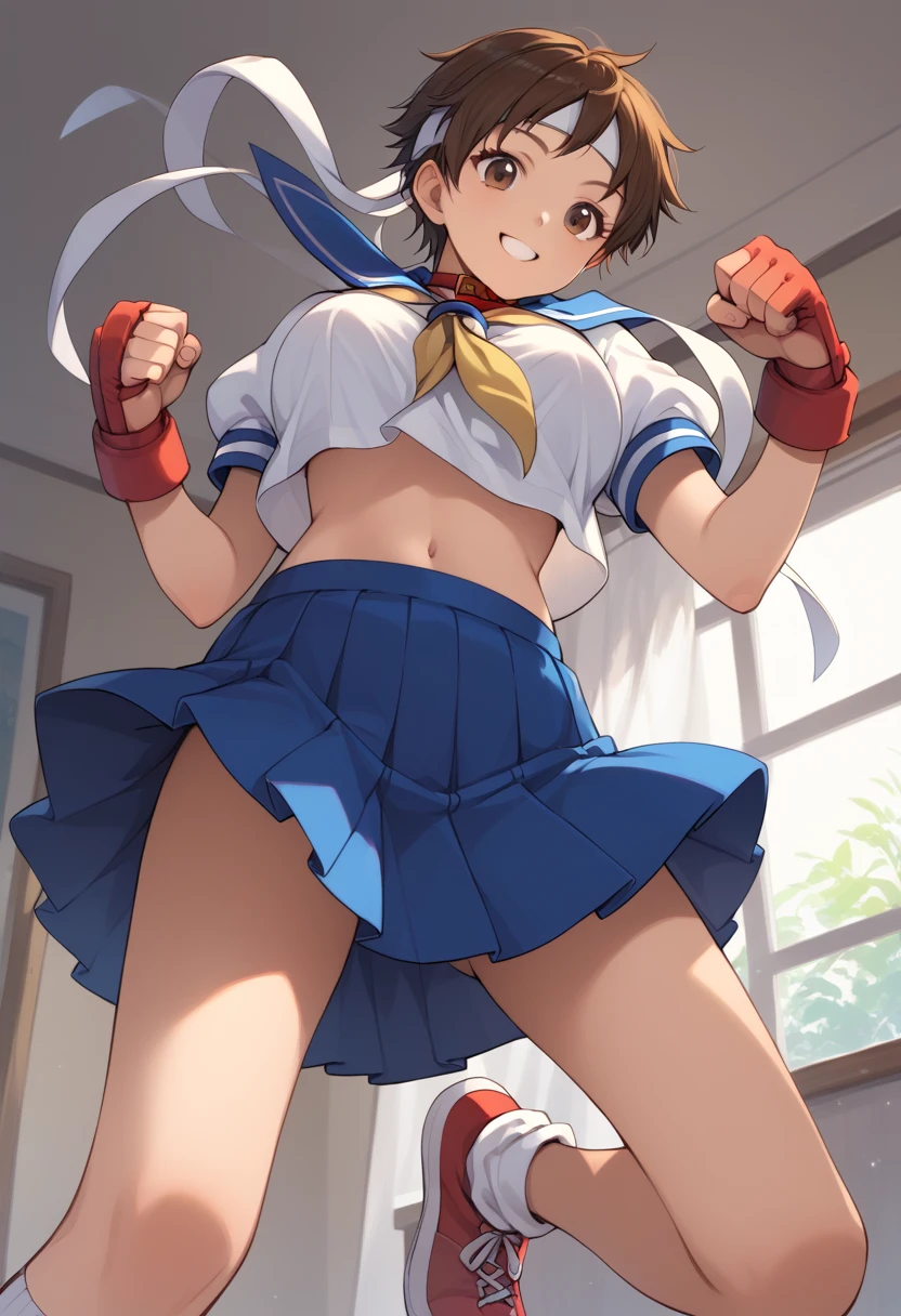 masterpiece, Highest quality, High resolution, 1girl, solo, Sakura MS, kasugano sakura, milf, shiny, oily skin, Brown eyes, Brown Hair, short hair, bangs, Ahoge, head band, , Puffy sleeves, Crop top, neckerchief, midriff, ((blue mini skirt)), ultra short skirt, Fingerless gloves, Thighs Thighs Thighs, (thick thighs, voluptuous thighs, ample thighs), White socks, Red footwear, Very detailed, More detailed,Proper body balance,Ultra-high quality output images,High resolution,Intricate details,Very delicate and beautiful hair, simple background, smile, discovery stance, bare legs, full body, (from side:0.7), nsfw,