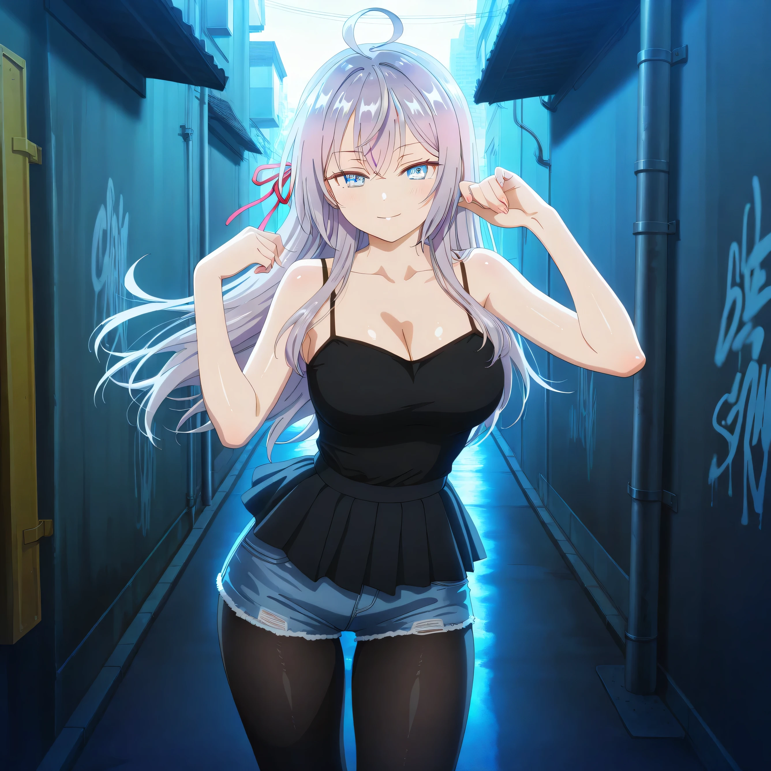 masterpiece 4k, best quality, girl, beautiful face, clean skin, shiny hair, shiny skin, beautiful face, perfect eyes, high quality shine, best quality, very aesthetic 4k, absurd, perfect body quality, beautiful curves, perfect, perfect genitals, beautiful ambient light, beautiful aesthetics, very realistic scenery, high quality 4k, masterpiece,best quality,absurdres,newest,highres, official art, 1girl alisa mikhailovna kujou, long hair, bangs, blue eyes, hair ribbon, ahoge, grey hair, red ribbon, large breasts, cleavage, pantyhose, pleated skirt, black pantyhose, short jean shorts, short black top, in the city of tokyo in an alley with a lot of dark graffiti, luiz shadow realistic beautiful realistic scenery, posing to take a photo, sexy pose with naughty look at the viewer