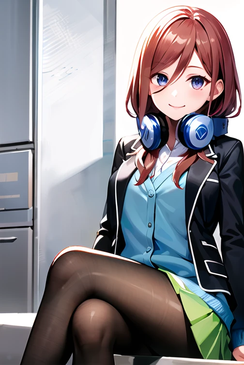 Nakano Miku, Brown hair, hair between eyes, blue cardigan, headphones, pantyhose, blazer