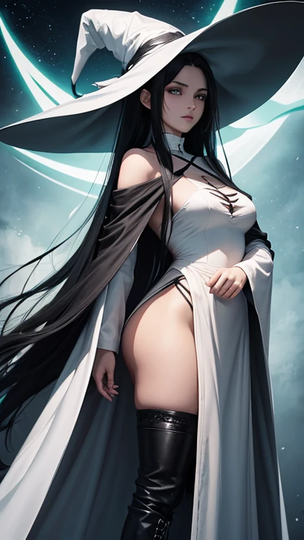 Solo woman, very large white witch hat, white bikini, grey fur coat, long blue hair, light blue skin, purple eyes, elegant, high detail, four arms, beautiful, 4k Ultra HD, Blue filter, starts and moon background, sexy, busty, side boob