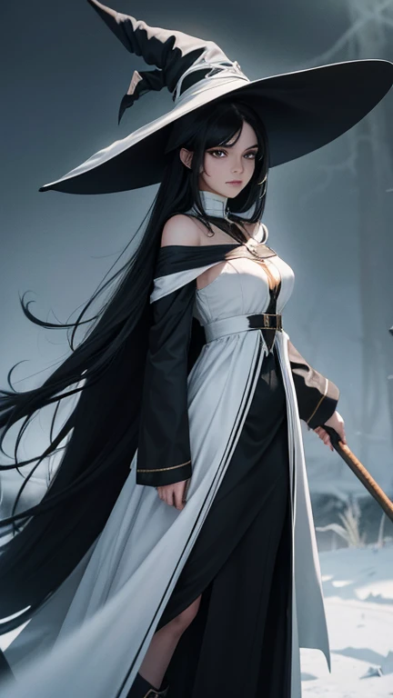 A girl with long black hair and white strands. She has bright purple eyes. She has black lipstick. She is dressed in a fantasy costume in black and dark green colors. She has medium breasts. It stands in a medieval city at night. She holds a Japanese katana in her hands