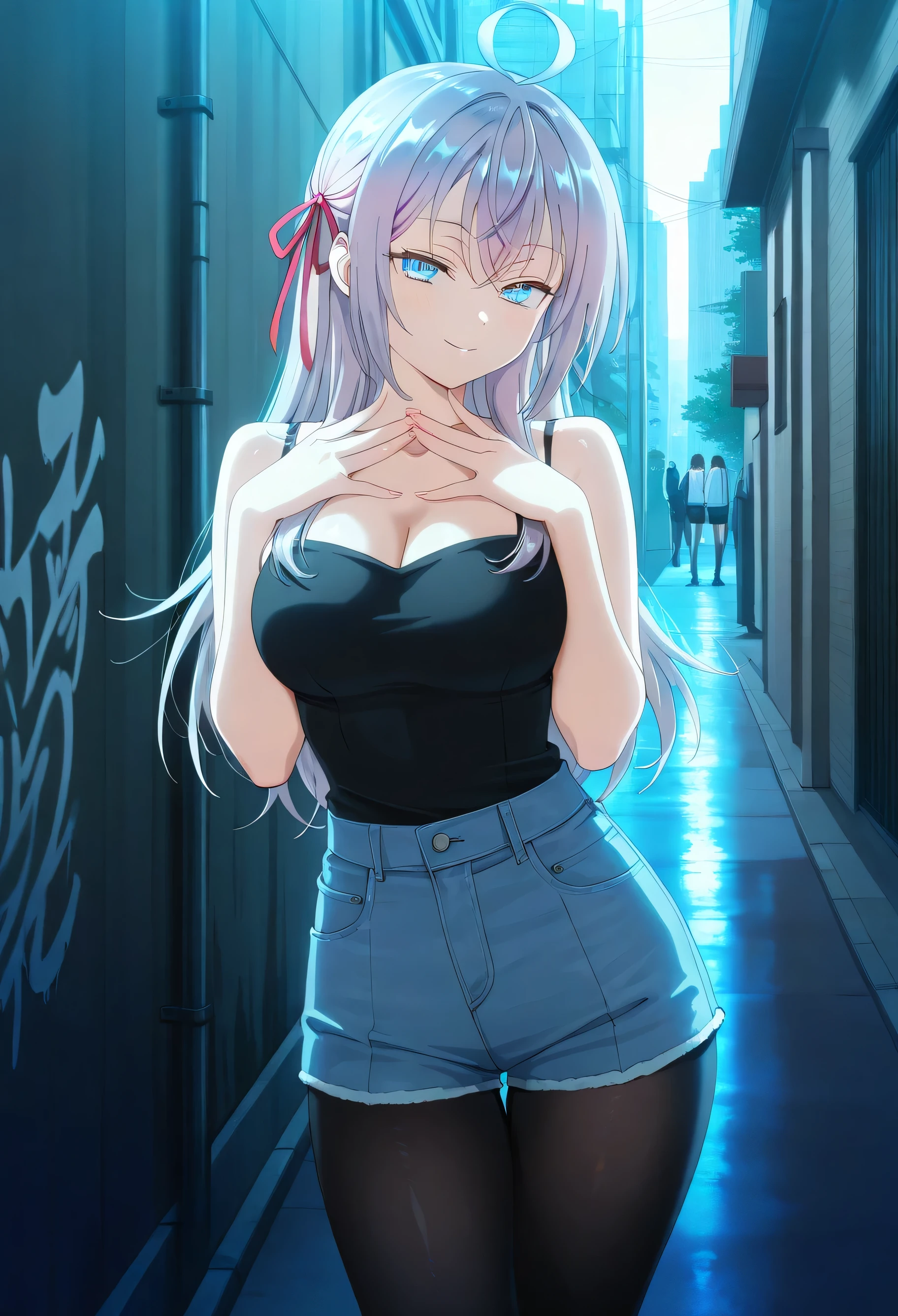 masterpiece 4k, best quality, girl, beautiful face, clean skin, shiny hair, shiny skin, beautiful face, perfect eyes, high quality shine, best quality, very aesthetic 4k, absurd, perfect body quality, beautiful curves, perfect, perfect genitals, beautiful ambient light, beautiful aesthetics, very realistic scenery, high quality 4k, masterpiece,best quality,absurdres,newest,highres, official art, 1girl alisa mikhailovna kujou, long hair, bangs, blue eyes, hair ribbon, ahoge, grey hair, red ribbon, large breasts, cleavage, pantyhose, pleated skirt, black pantyhose, short jean shorts, short black top, in the city of tokyo in an alley with a lot of dark graffiti, luiz shadow realistic beautiful realistic scenery, posing to take a photo, sexy pose with naughty look at the viewer