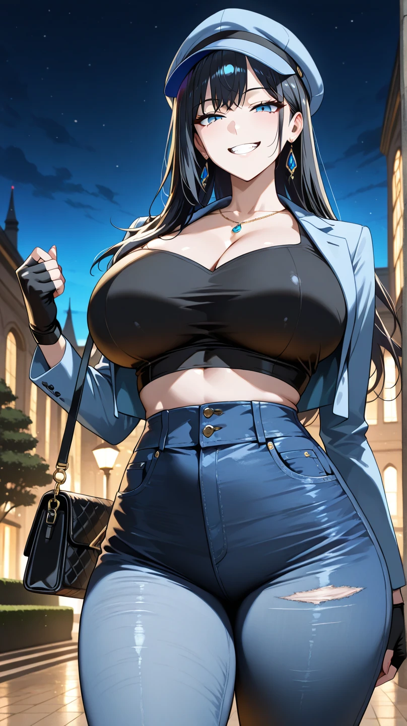 long black hair, colored skin, brown skin, blue eyes, solo, smiling, standing, upper body, hips, gigantic breasts, black clothes, cleavage