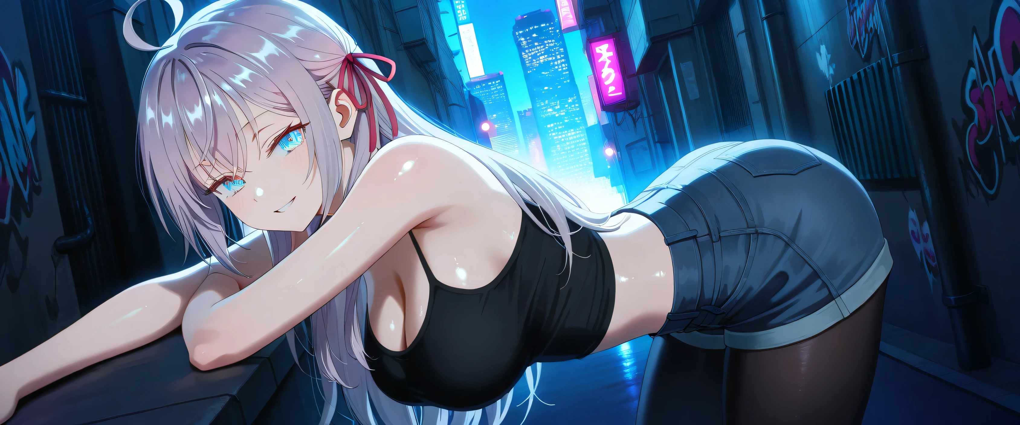 masterpiece 4k, best quality, girl, beautiful face, clean skin, shiny hair, shiny skin, beautiful face, perfect eyes, high quality shine, best quality, very aesthetic 4k, absurd, perfect body quality, beautiful curves, perfect, perfect genitals, beautiful ambient light, beautiful aesthetics, very realistic scenery, high quality 4k, masterpiece,best quality,absurdres,newest,highres, official art, 1girl alisa mikhailovna kujou, long hair, bangs, blue eyes, hair ribbon, ahoge, grey hair, red ribbon, large breasts, cleavage, pantyhose, pleated skirt, black pantyhose, short jean shorts, short black top, in the city of tokyo in an alley with a lot of dark graffiti, luiz shadow realistic beautiful realistic scenery, in the city of tokyo in an alley with a lot of dark graffiti, luiz shadow realistic beautiful realistic scenery, in a bent position showing big ass, big eyes with a smile