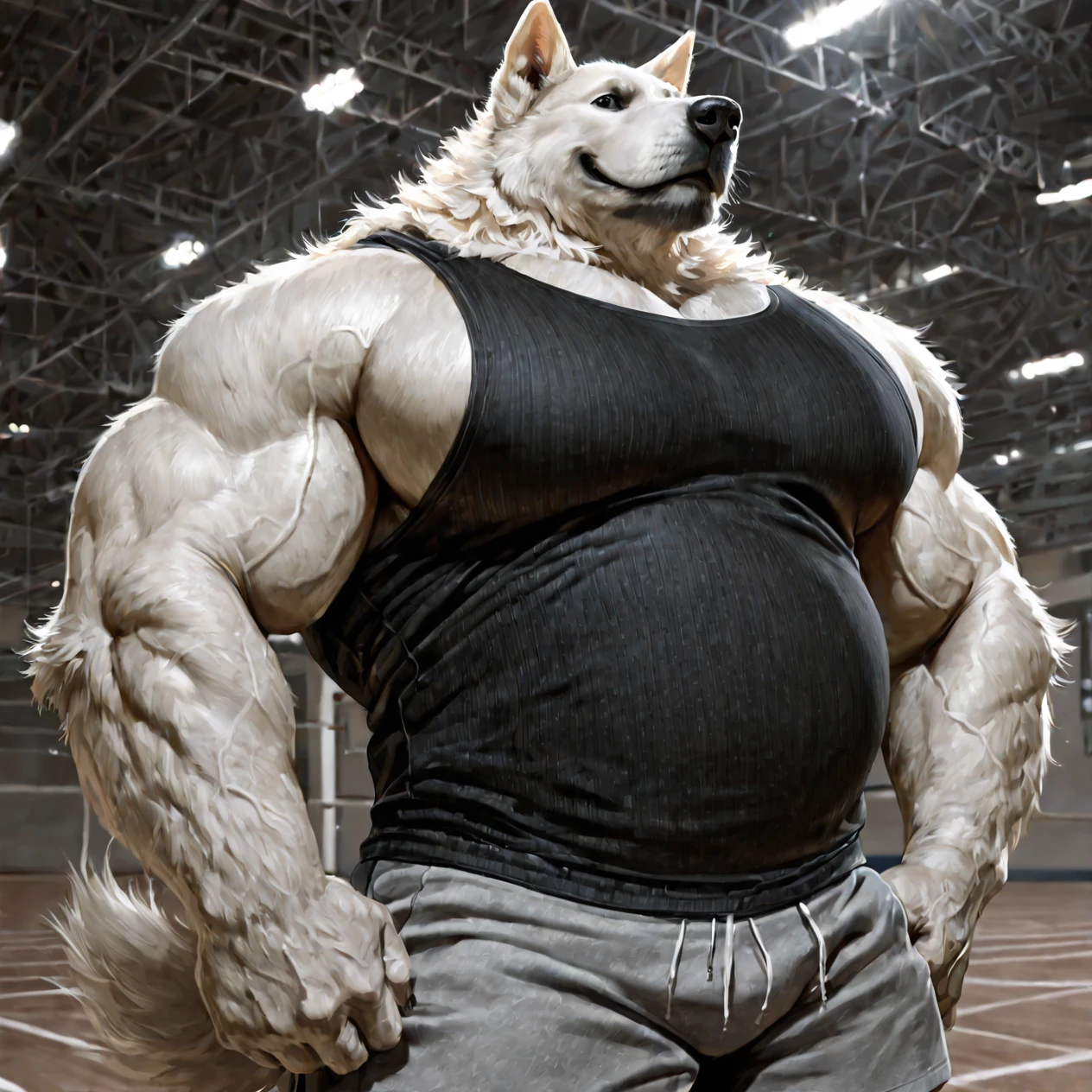 bolt the dog, adult, masculine, male, (quadruped, feral, feral dog):1.0, very muscular:1.5, muscles:1.5, strong chest, muscular shoulders, strong body, muscular neck, biceps, triceps, lats, muscular thighs, calves, vascular, veins, wide chest, taran fiddler style, virtyalfobo style, (no background, white background):1.3, realistic fur, detailed fur, detailed eyes, high quality, high resolution, detailed, collar, full body, muscular forelegs, muscular hindlegs, white fur, standing on back legs:1.1, legs spread