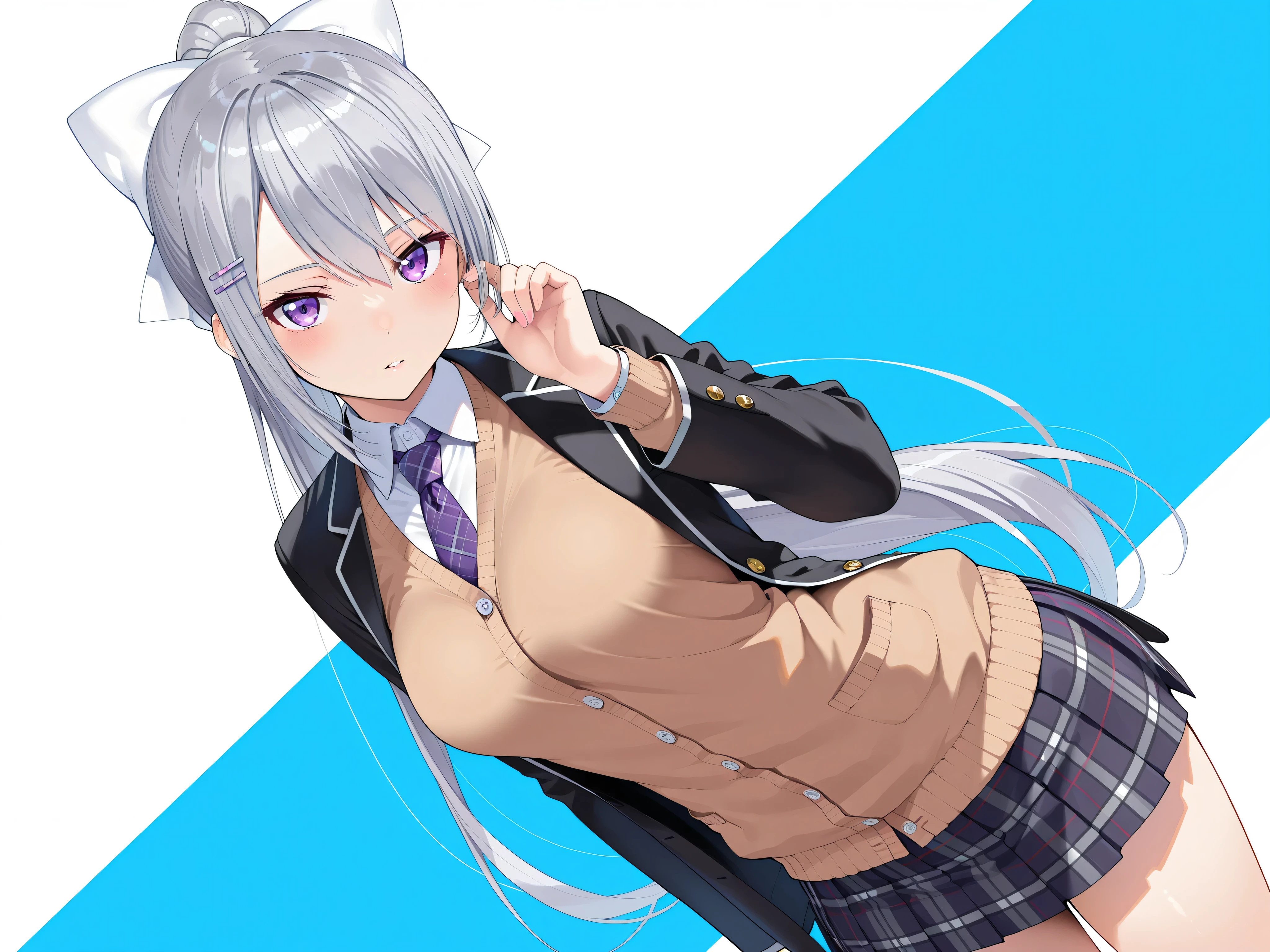 masterpiece,best quality, amazing quality, highres, absurdres, very aesthetic, high resolution, ultra detailed, perfect details,nijikaede,purple eye,grey hair,long eyelashes,long hair,ponytail,white bow,hair pin,nijikaedecos,white shirt,purple necktie,plaid necktie,brown cardigan,button cardigan,blazer jacket,black jacket,open jacket,miniskirt,pleated skirt,plaid skirt,tsurime,medium breasts,look at viewer,parted lips