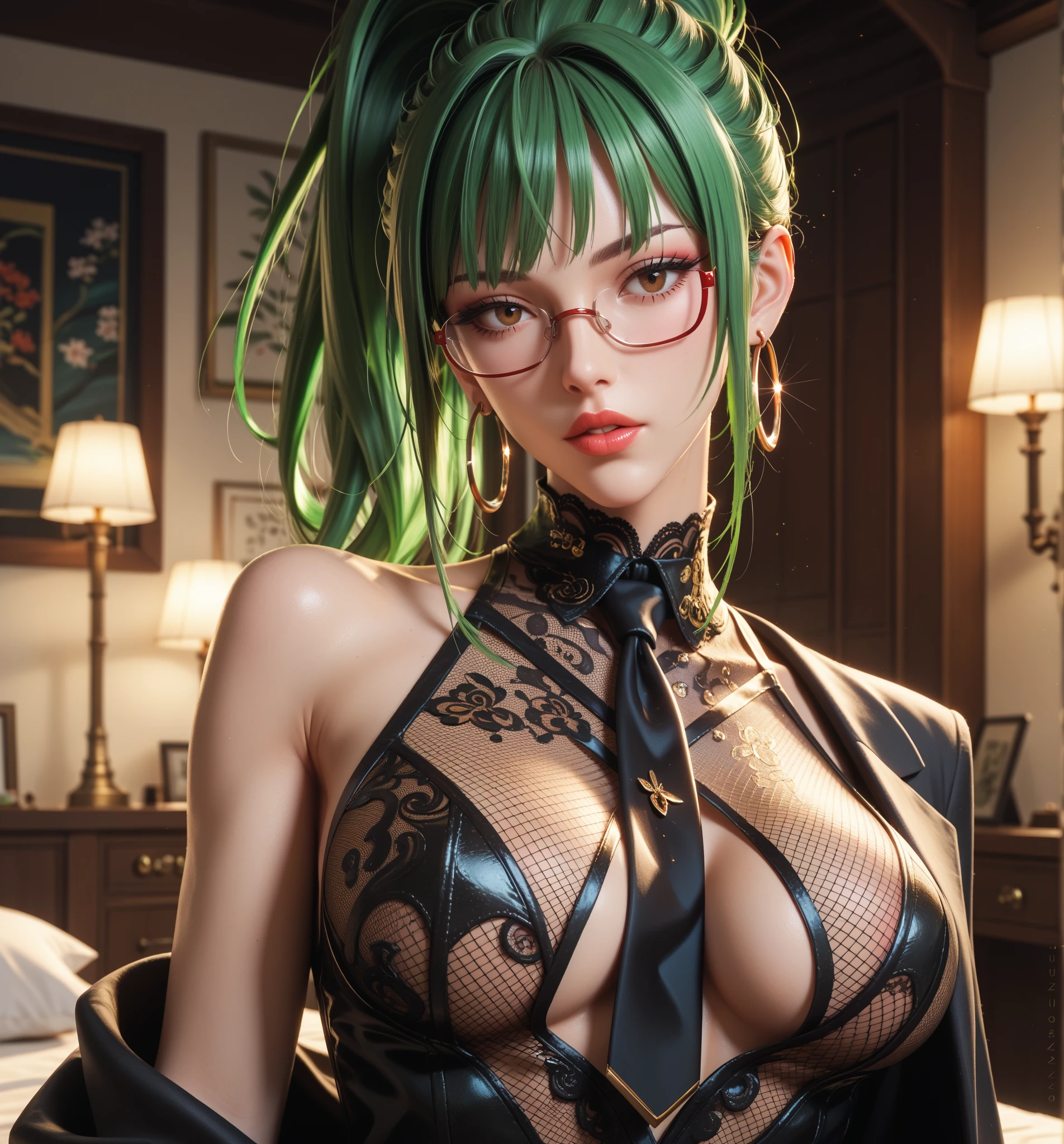 BLACKLIGHT, ((NSFW)), realistic art, extremely delicate and beautiful, ultra-detailed, (1girl), blue eyes, floating, detailed light, illustration, dynamic angle, depth of field, ((((milf)))), girly, long hair, ((green and black hair, multicoloured hair, green highlights hair, twin tails, hair ornament, hair flower, flower, makeup, braid, smile)), vampire eyes, showing fangs, pale white skin, (((long sleeves, white shirt, frills, green skirt, button, black thighhighs, suspender, , espectacled, red-framed eyewear, red hat crown, , crazy eyes, glowing eye, , long hair, navel, choker, smile, jewelry, earrings))), (ultra high res, best quality,), (8k, raw photo, best quality, masterpiece), technological sense, best quality, masterpiece, illustration,CG ,unity ,wallpaper, official art, Amazing, finely detail, an extremely delicate and beautiful,extremely detailed, highly detailed, sharp focus,rich background, (real person,photograph), ((high detailed skin)),