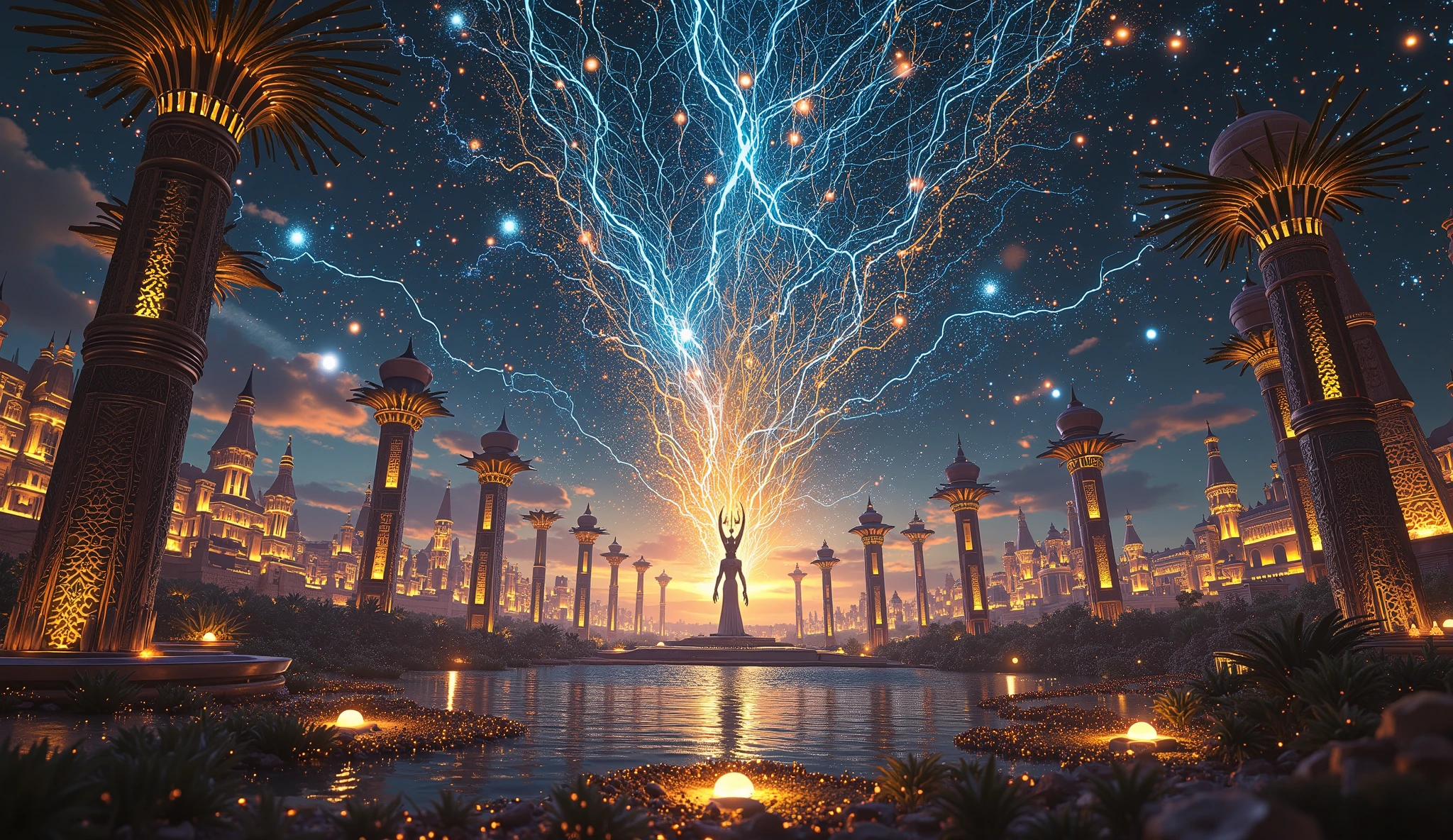 At the mystical hour before dawn, the Egyptian god Osiris raises his arms beneath a sky blazing with stars, while Isis as Sirius manifests above the eastern horizon, her form a radiant constellation illuminating the sacred Nile Valley. Floodwaters sparkle with divine energy, papyrus and lotus bloom in golden light, and colossal temples of gold and sandstone echo with celestial harmony, all beneath a surreal, cosmic firmament filled with ancient hieroglyphs and star paths. — (highly detailed), (cinematic view), (epic fantasy scene), (rich color grading), (painterly concept art), (digital illustration), (Jean-Léon Gérôme + Moebius + Greg Rutkowski style), (trending on ArtStation), (8k HDR), (masterpiece), (deep blues and radiant golds), (unreal engine 5 realism), (ethereal mood)