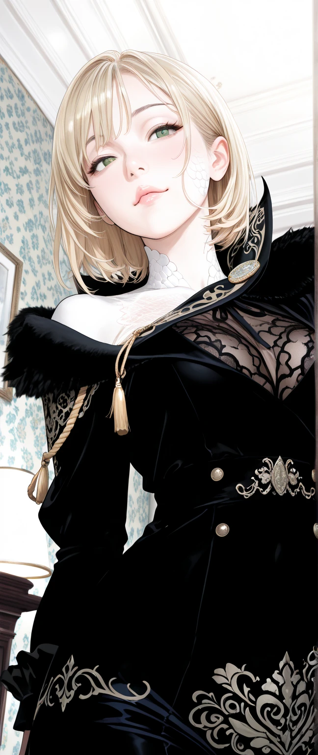 a beautiful, tall, mature woman, with short hair, a stern look, wearing sexy lingerie, visible cleavage, a dark room, 17th-century atmosphere, seductive, noblewoman,