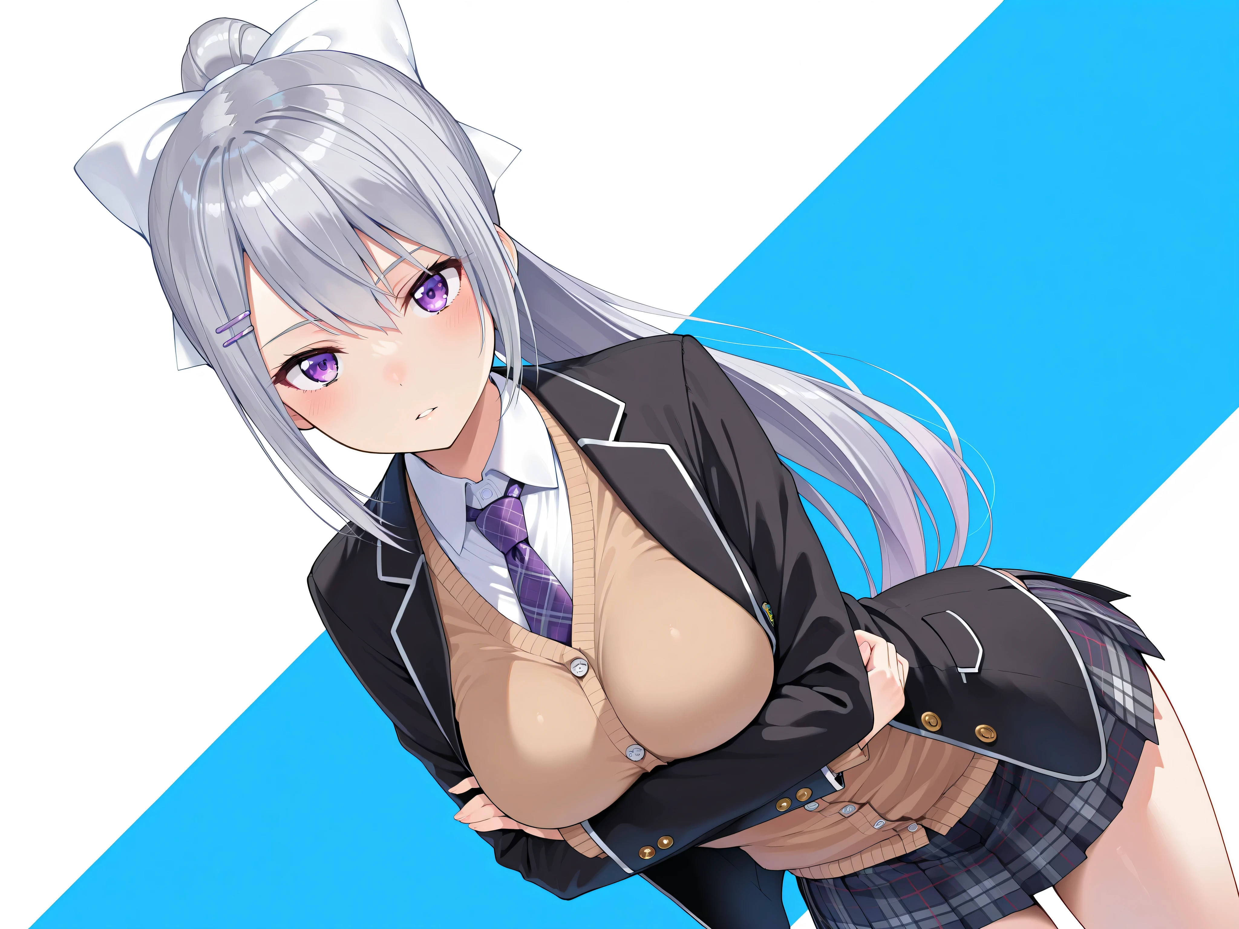 masterpiece,best quality, amazing quality, highres, absurdres, very aesthetic, high resolution, ultra detailed, perfect details,nijikaede,purple eye,grey hair,long eyelashes,long hair,ponytail,white bow,hair pin,nijikaedecos,white shirt,purple necktie,plaid necktie,brown cardigan,button cardigan,blazer jacket,black jacket,open jacket,miniskirt,pleated skirt,plaid skirt,tsurime,medium breasts,look at viewer,parted lips,breast hold、crossed arms