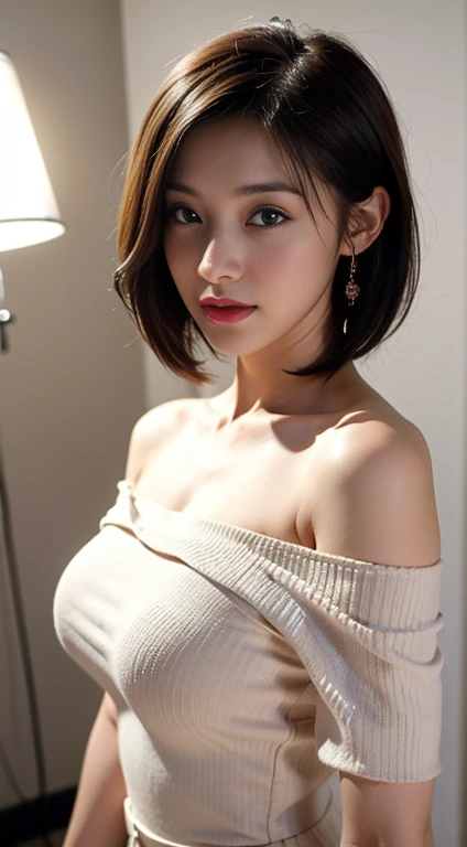 ((best quality, 8K, masterpiece :1.3)), Clear focus :1.2, (((Korean woman))). Beautiful woman with perfect body :1.4, Slim abdominal muscles :1.2, ((Large Breasts;1,5)), Ultra-fine face, Highly detailed lips, Delicate eyes, Double eyelids, Makeup face. Red lipstick. (((Brown short hair))).
((miniature)), ((Off-shoulder sweater)). ((Smile)), Standing. ((In front of the make-up mirror)),Visible cleavage。Showing thighs,High waist