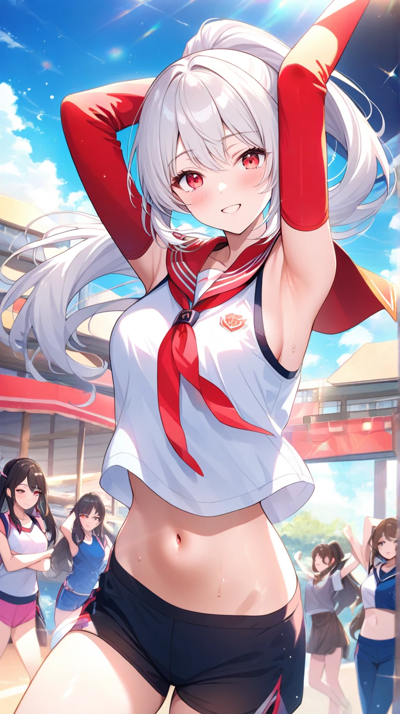 (best quality, masterpiece), 1 girl, centaur, It takes, White skin, Korean  ,Athletic Competition,exposing the abdomen,belly button t-shirt, 아름다운 소녀 perfect wolf photo, perfect wolf photo