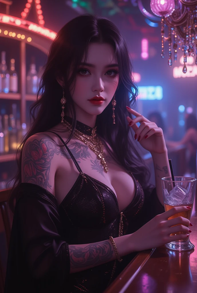 (8k, RAW photo, best quality, masterpiece:1.2), ultra-detailed, perfect detail , looking at viewer, make up, seductive, shamefaced, (young:1.2),((20 year old)), beautiful face, beautiful eyes, (((perfect female body, narrow waist))), red hair, asian appearance, hourglass figure, green eyes, beautiful appearance, red silk dress, puffy lips, black heels, in the restaurant, wavy hair, light makeup, mole under the lip, tattoo on the shoulder