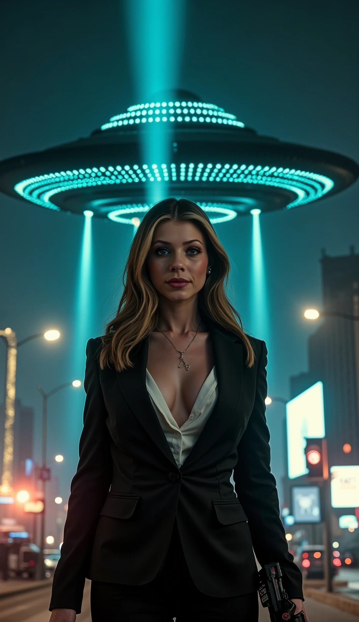 (low-angle perspective:1.6), (medium-shot:1.8), fearless FBI agent in black suit (voluptuous cleavage, white V-neck blouse), official FBI logo patch on the left chest, gripping an iPhone 15 Pro Max and tactical flashlight, the flashlight is on,intense eye contact with viewer, smile, above her is the (INDEPENDENCE DAY MOTHERSHIP:1 . 8): colossal saucer-shaped alien warship (city-sized , black armored hull with glowing blue hexagonal patterns , massive energy cannon underneath) , turquoise annihilation beam vaporizing buildings and illuminating the model from behind (dramatic backlighting , silhouette effect) , falling debris , ash clouds , fiery explosions , hyper-detailed textures (8K) , cinematic sci-fi realism , the Bellagio’s fountains reduced to smoldering craters, the Luxor’s pyramid shattered into jagged ruins, the replica Eiffel Tower collapsed and engulfed in roaring flames, overturned cars exploding, panicked mobs running through debris-filled streets, soldiers’ futile gunfire echoing amidst thick black smoke and piercing sirens, the night sky ablaze with the ship’s eerie glow, captured in a cinematic, hyper-realistic style, 8K resolution, always smiling, eye contact to the viewer, hourglass figure, big breasts, (((keep the exact face and hair details of the selected LoRA))), (((keep the typical hairstyle used by the selected LoRA)))