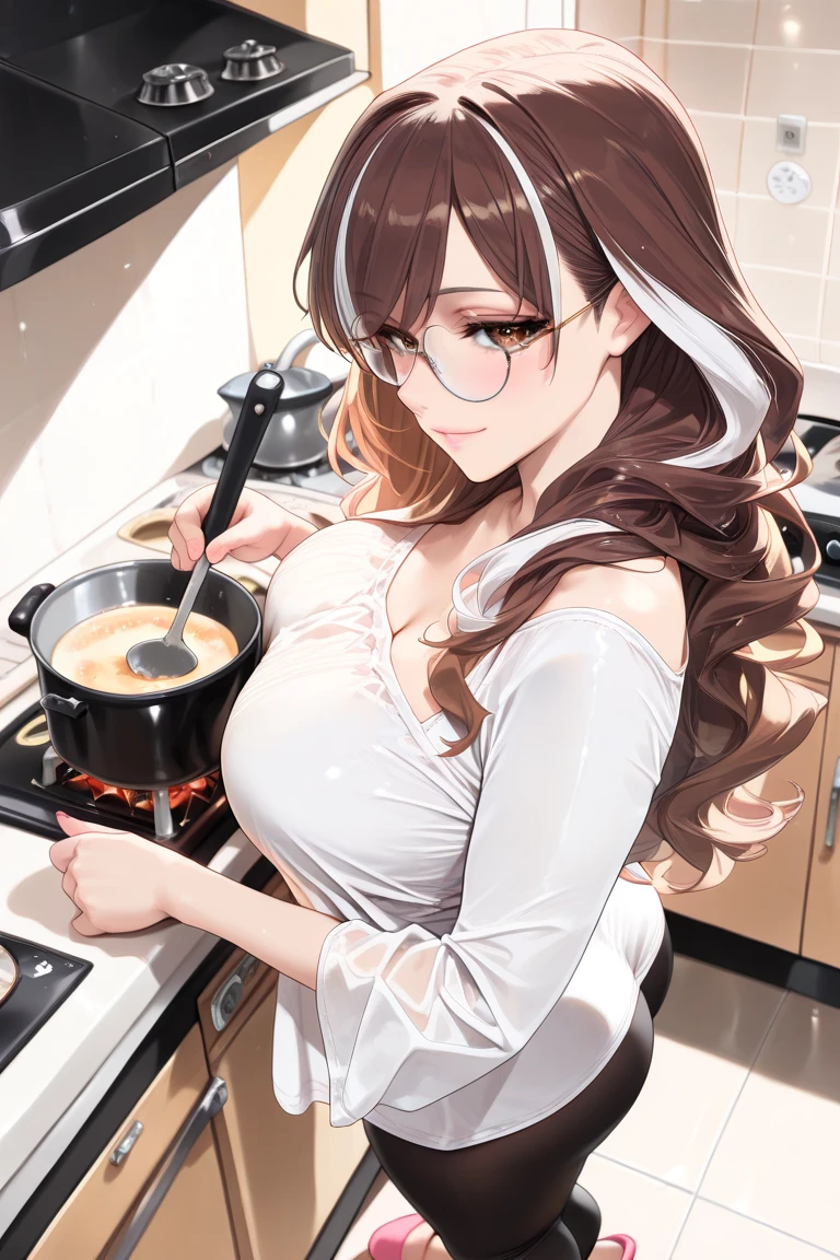 1girl, solo, hair ornament, (naked:1.3), (white apron), large breasts, cleavage, thighs, kitchen background, (blushing:1.3), naga, brown hair, ponytail, golden eyes, dark skin, gal, naga, lewd, she is wet and in sourcream, cream over the face,